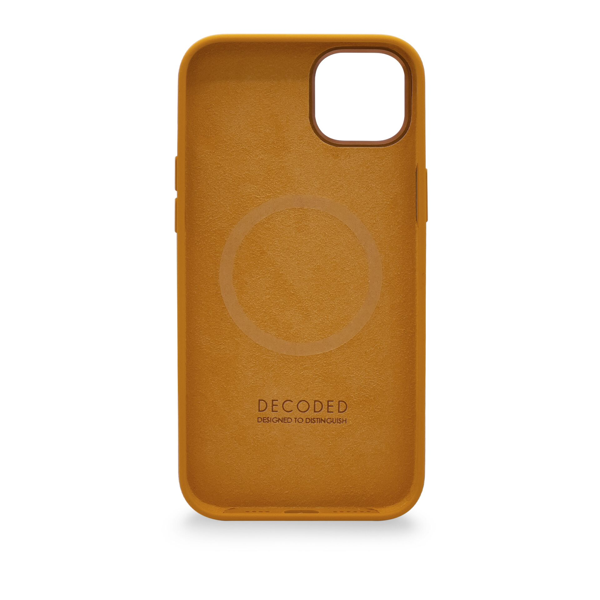 Custodia per telefono arancione, vista interna, con un marchio circolare e il testo: DECORDED, DESIGNED TO DISTINGUISH.