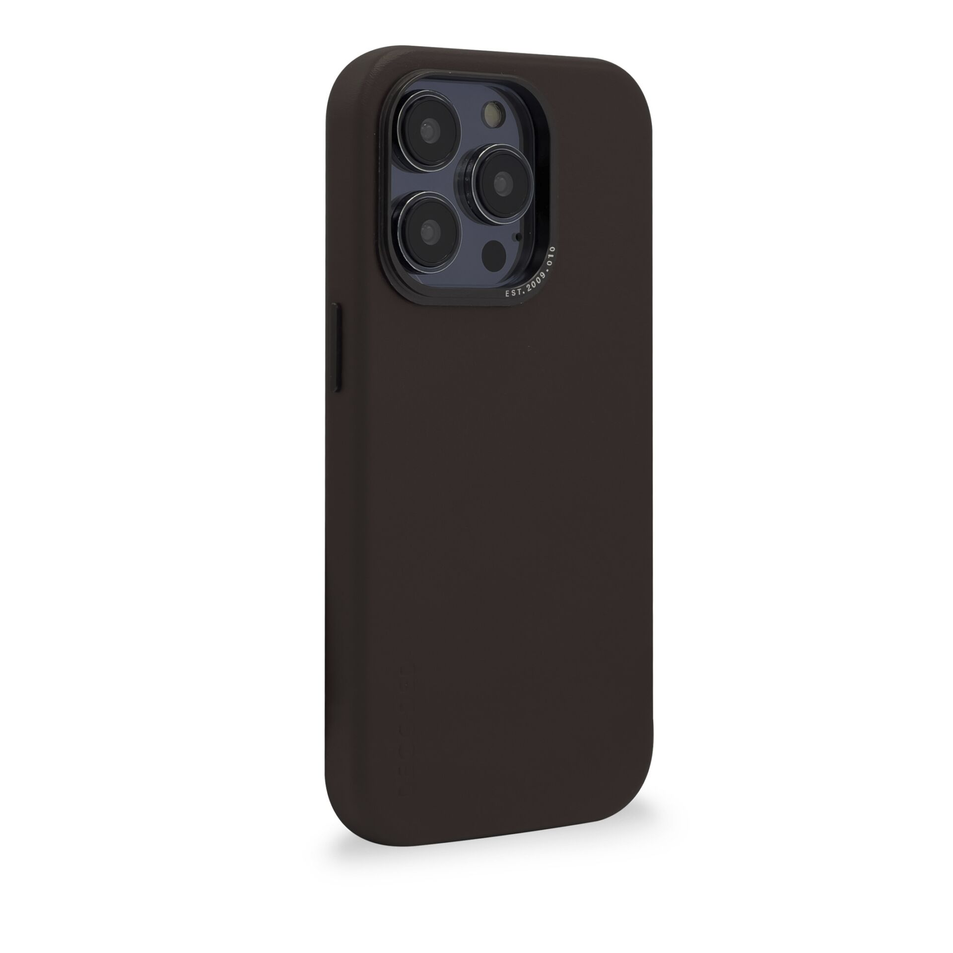 Eine braune Handyhülle mit dunklem Kamerabuckel. Die Hülle hat ein einfaches, elegantes Design.