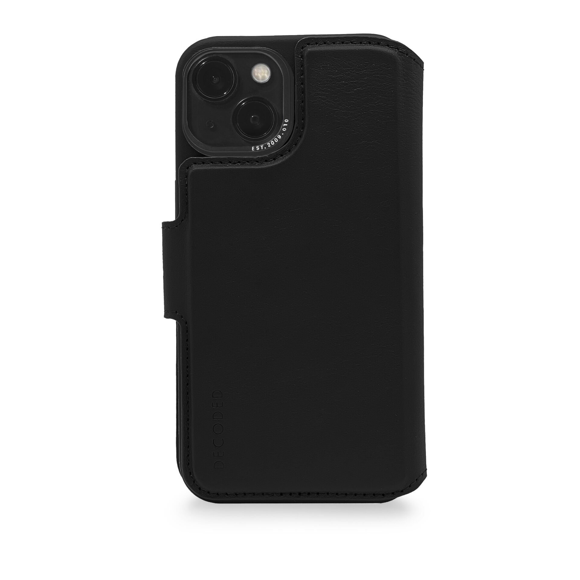 Custodia nera per iPhone con porta carte e texture in pelle nera, vista laterale.