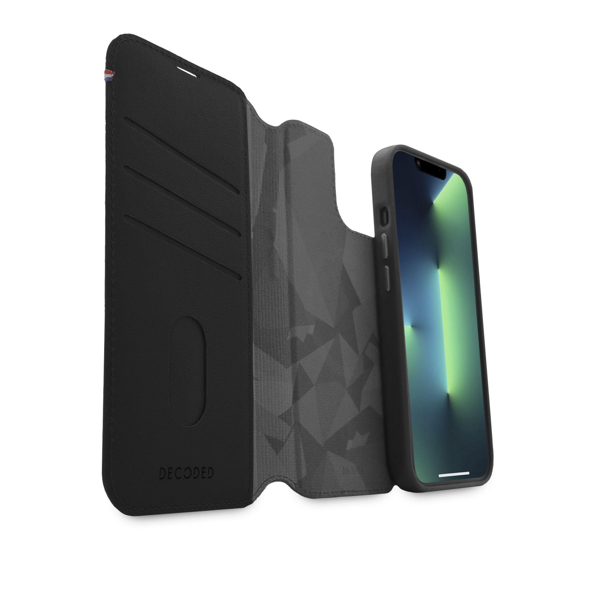 Custodia nera per telefono con telefono all'interno, con più fessure per carte e un design grigio.