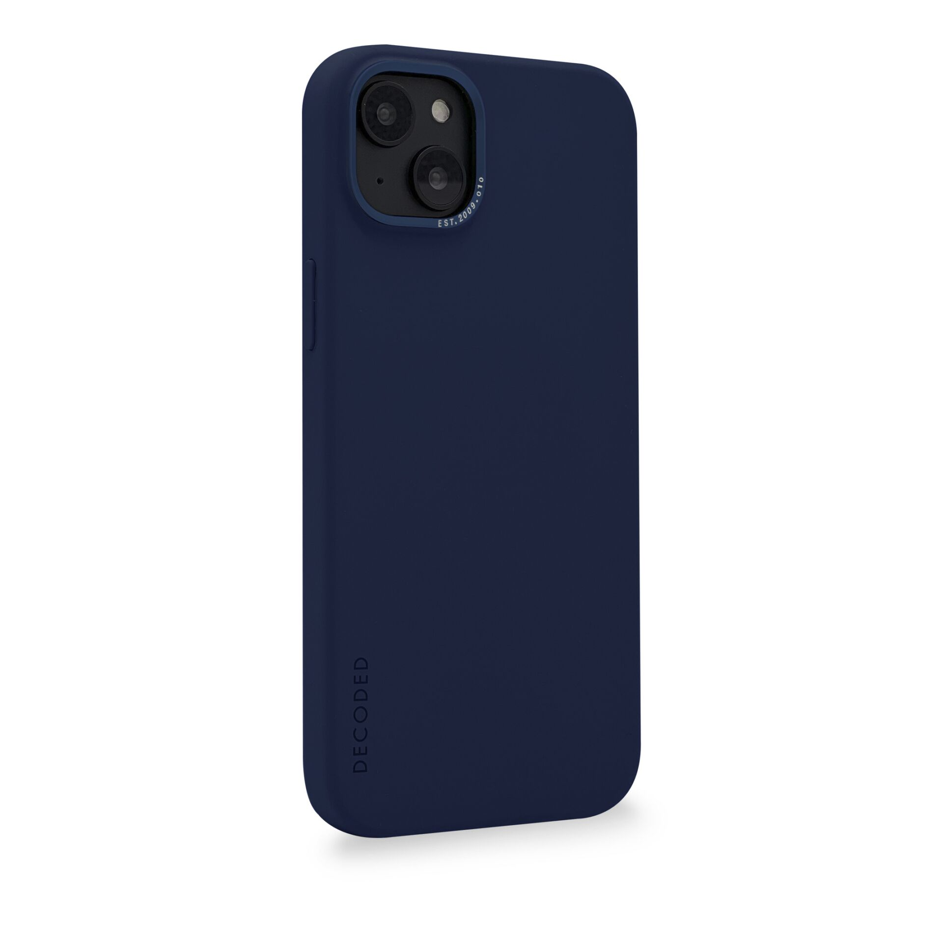 Custodia per telefono blu scuro. La custodia ha un ritaglio per la fotocamera e la parola DECODED.