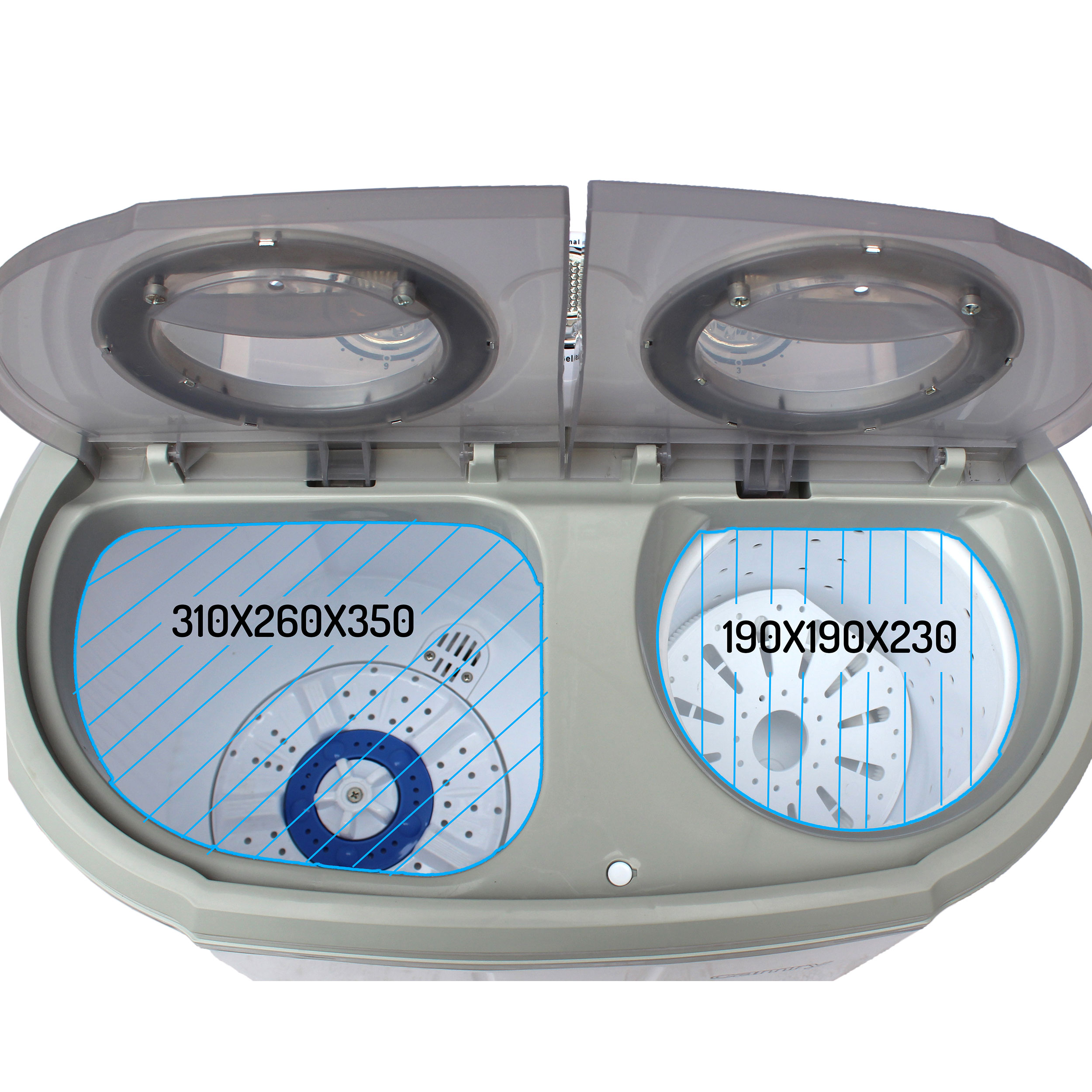 Widok z góry na pralkę pokazujący dwie komory. Wymiary są oznaczone.