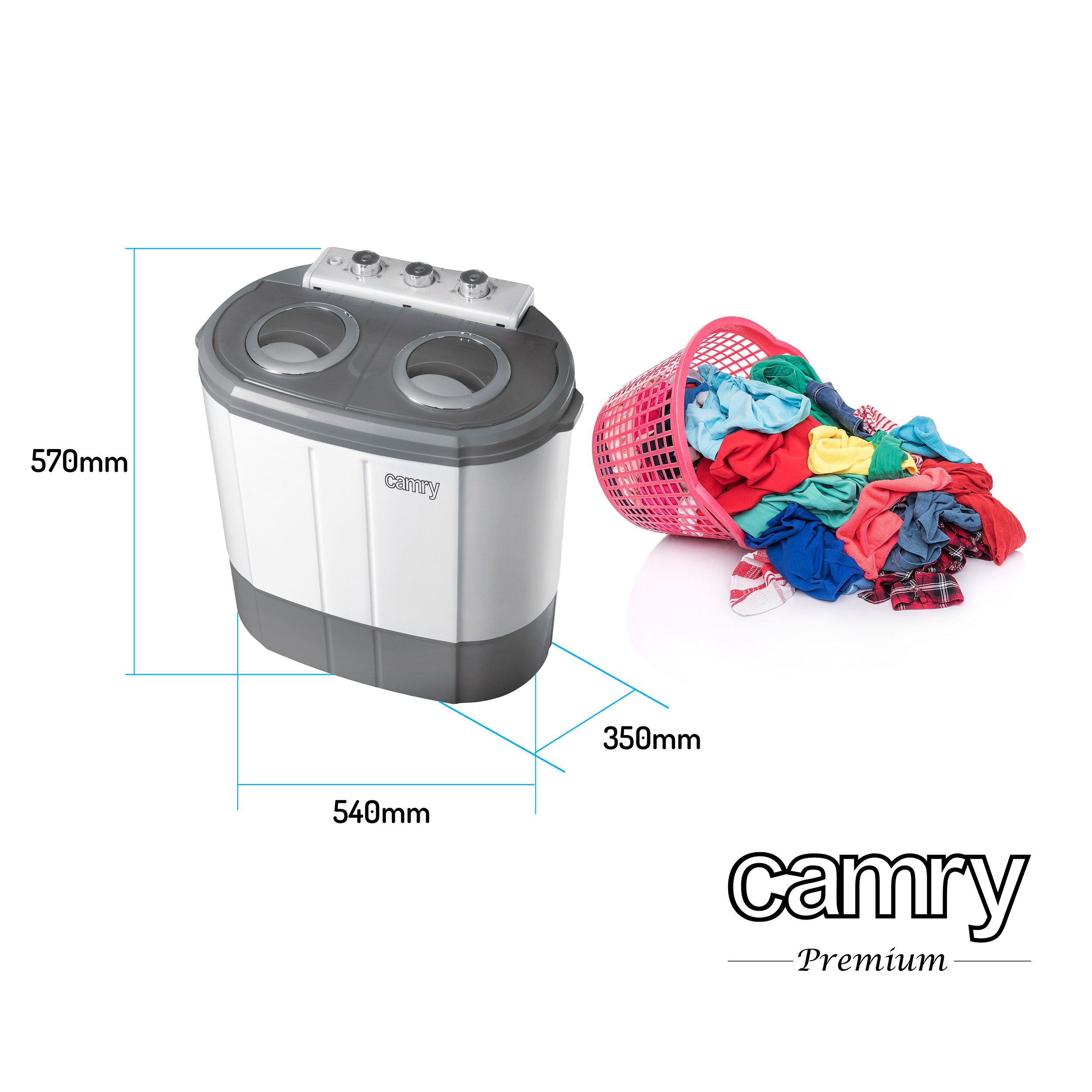 Pralka obok kosza na pranie przepełnionego kolorowymi ubraniami, logo Camy.