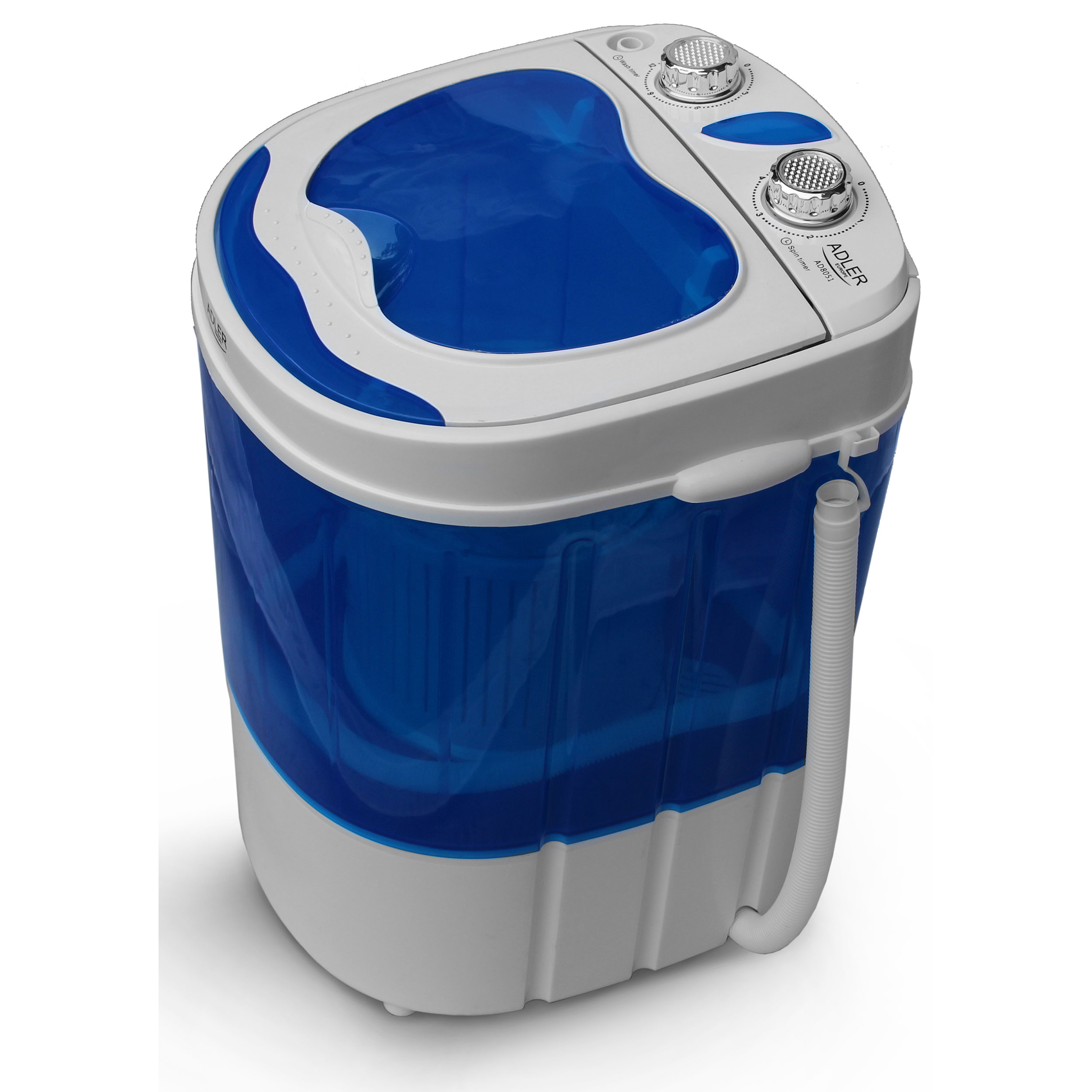 Biało-niebieska mini pralka, z dwoma pokrętłami i wężem. Widok z góry.