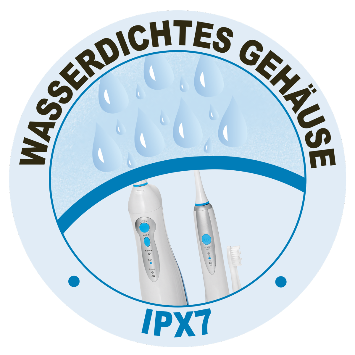 Siegel mit Text WASSERDICHTES GEHÄUSE und IPX7.