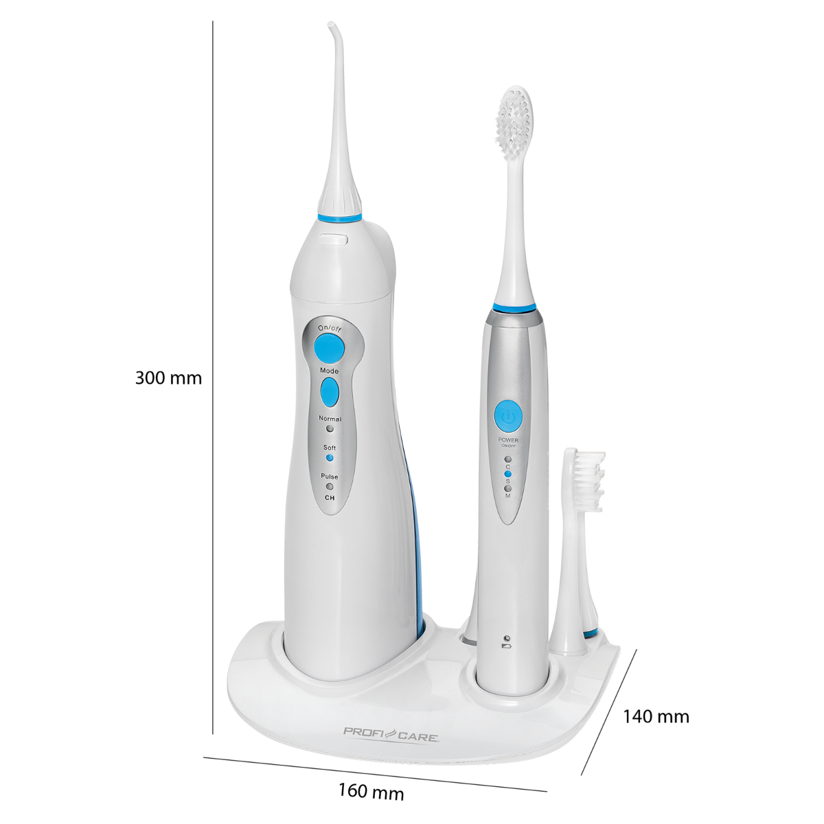 Weiß-silberner Wasser-Flosser und Zahnbürste auf weißer Basis, schwarzer Hintergrund.