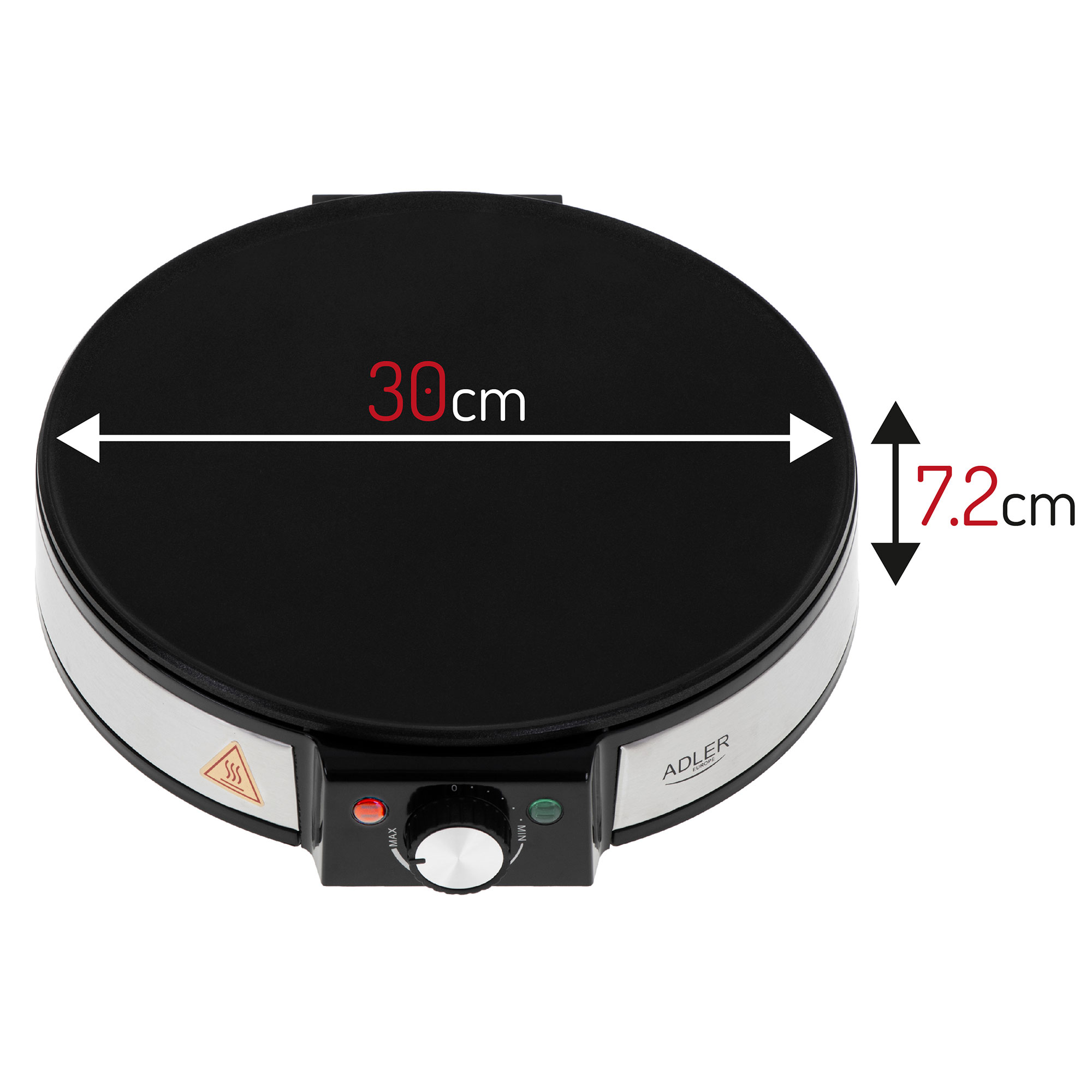 Czarny ekspres do naleśników o średnicy 30 cm i wysokości 7,2 cm. Zawiera pokrętło regulacji temperatury.