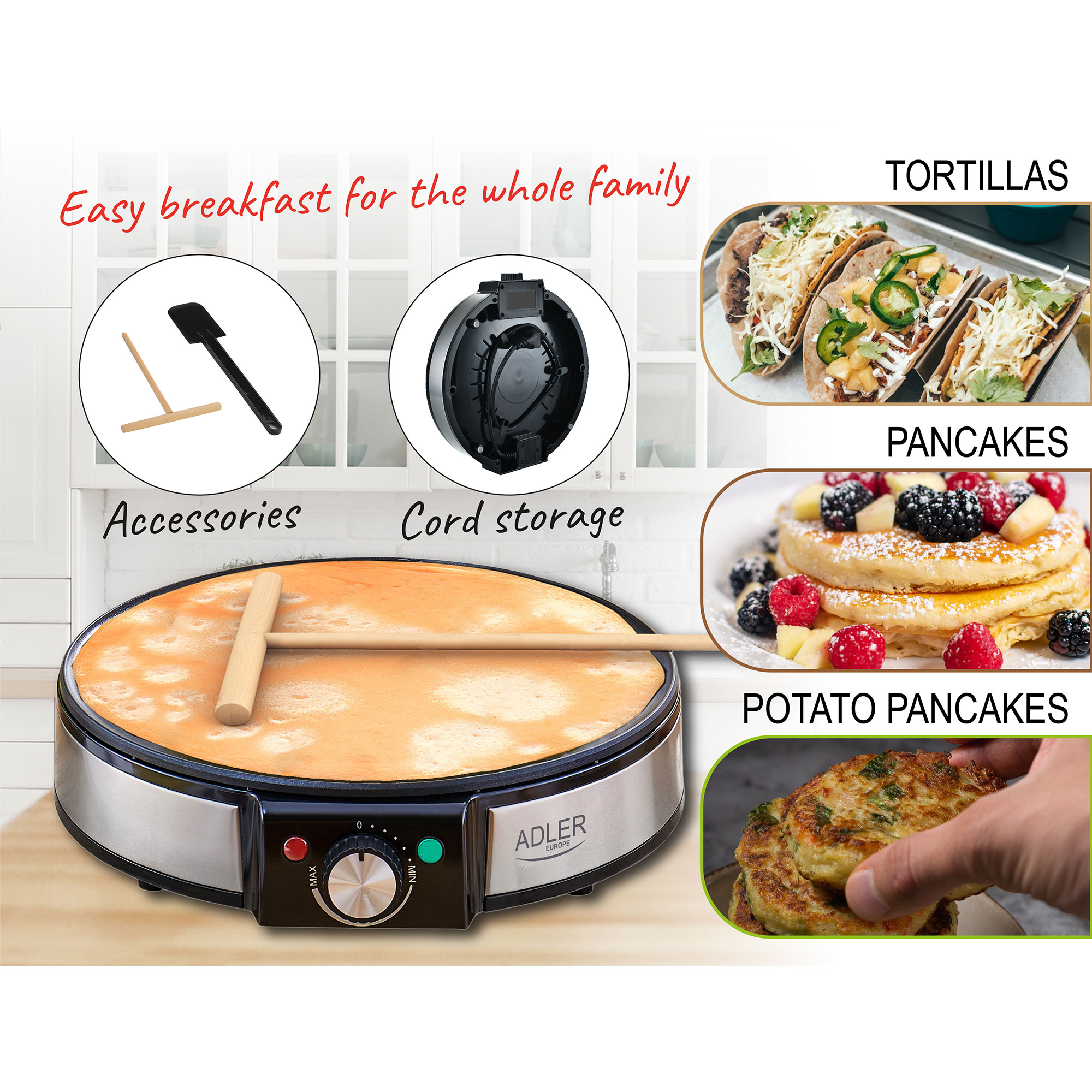 Maszyna do naleśników z naleśnikami, tortillami i plackami ziemniaczanymi oraz akcesoriami.