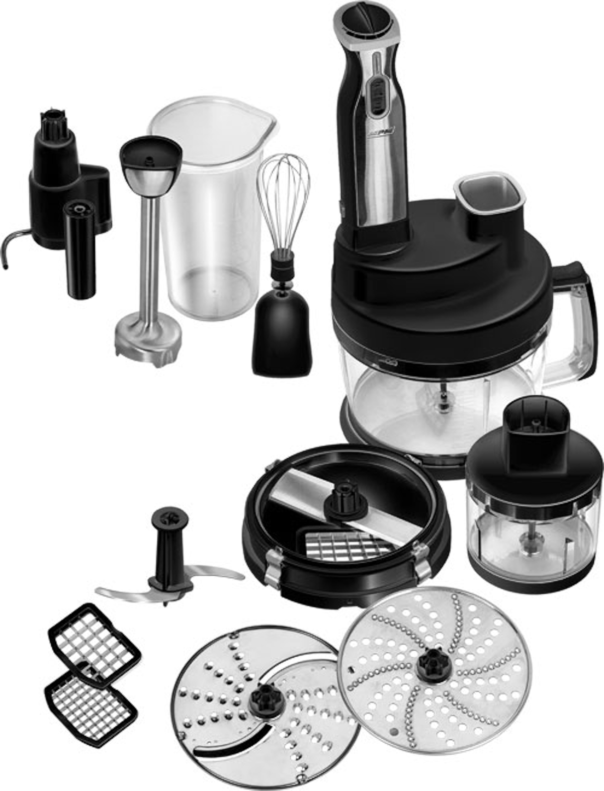 Verschiedene Teile eines schwarzen Stabmixer-Sets. Es hat viele Aufsätze und Zubehör.