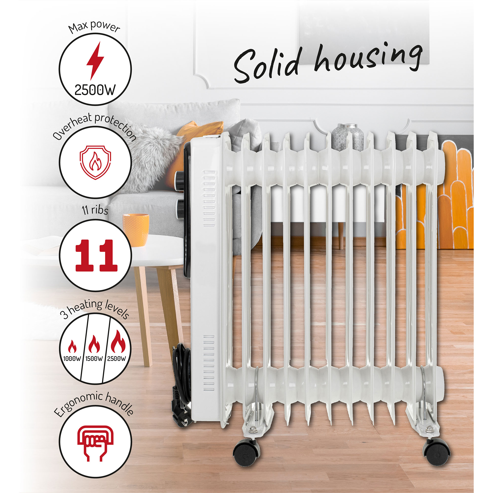 Biały grzejnik olejowy z 11 żebrami. Cechy: 2500W max, ochrona przed przegrzaniem i 3 poziomy grzania.