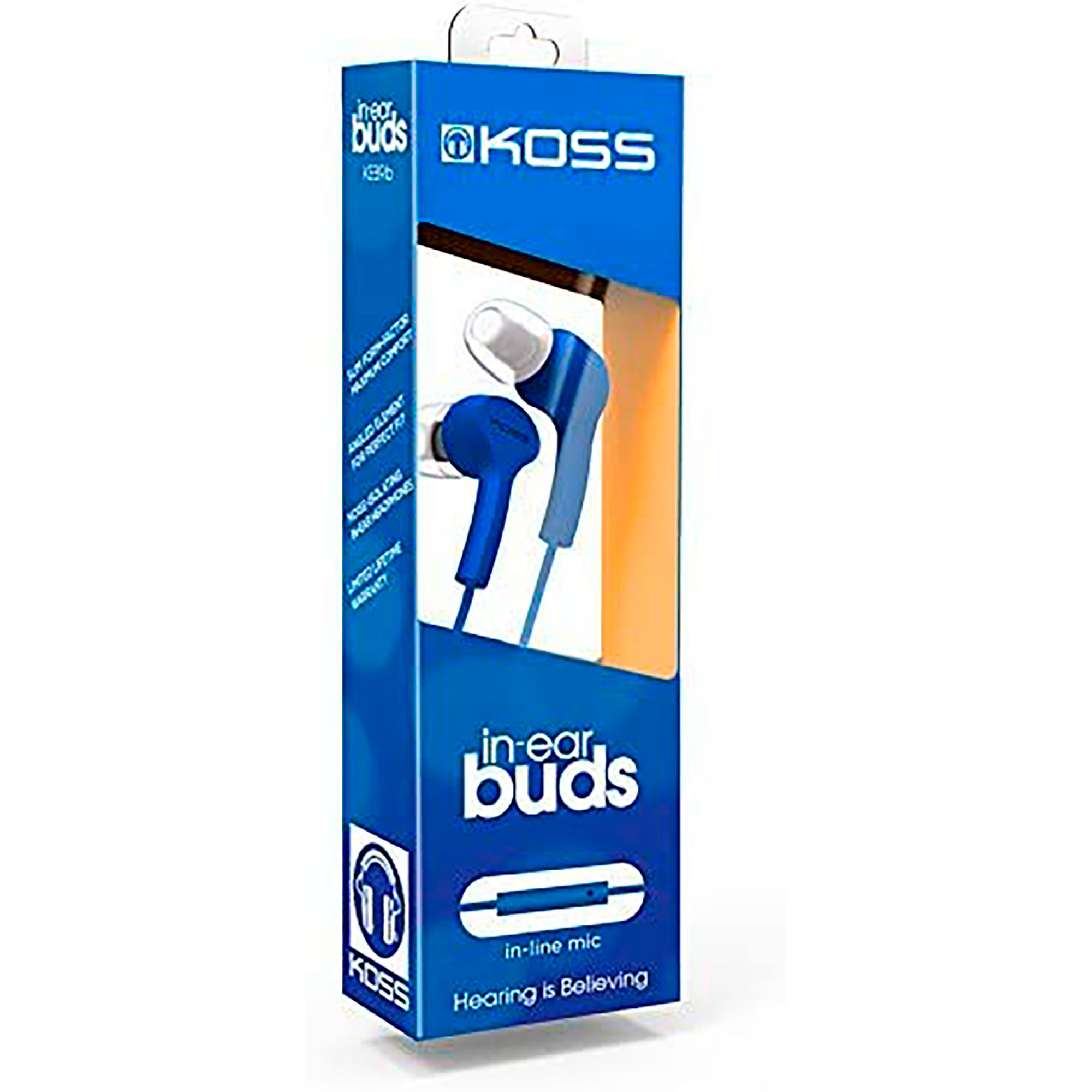 Caja de auriculares internos, azul y blanco. Imagen de auriculares. Auriculares azules y blancos.