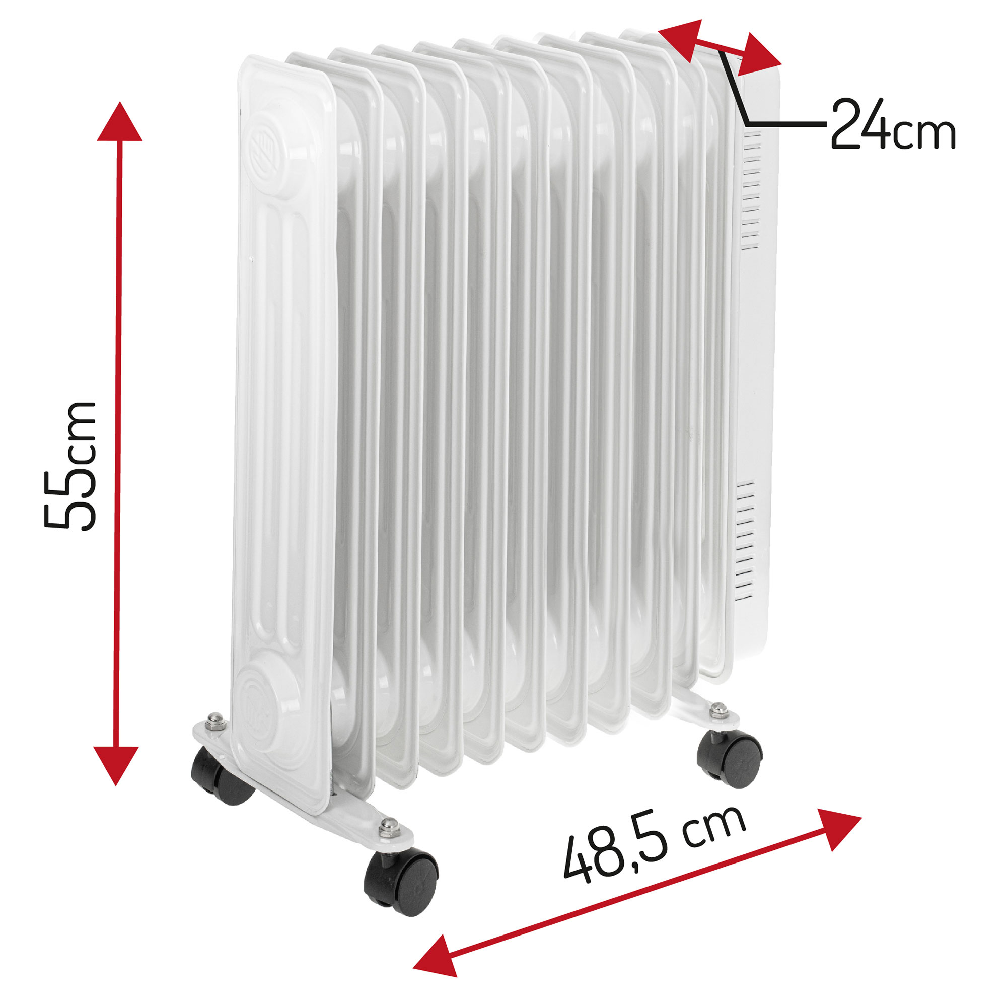 Biały grzejnik olejowy z czarnymi kółkami. Wymiary 55cm x 48,5cm x 24cm. Na białym tle.