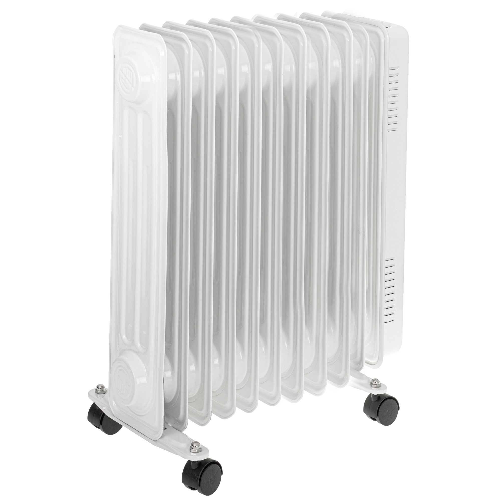 Biały grzejnik olejowy z 10 żebrami, na kółkach, na białym tle.