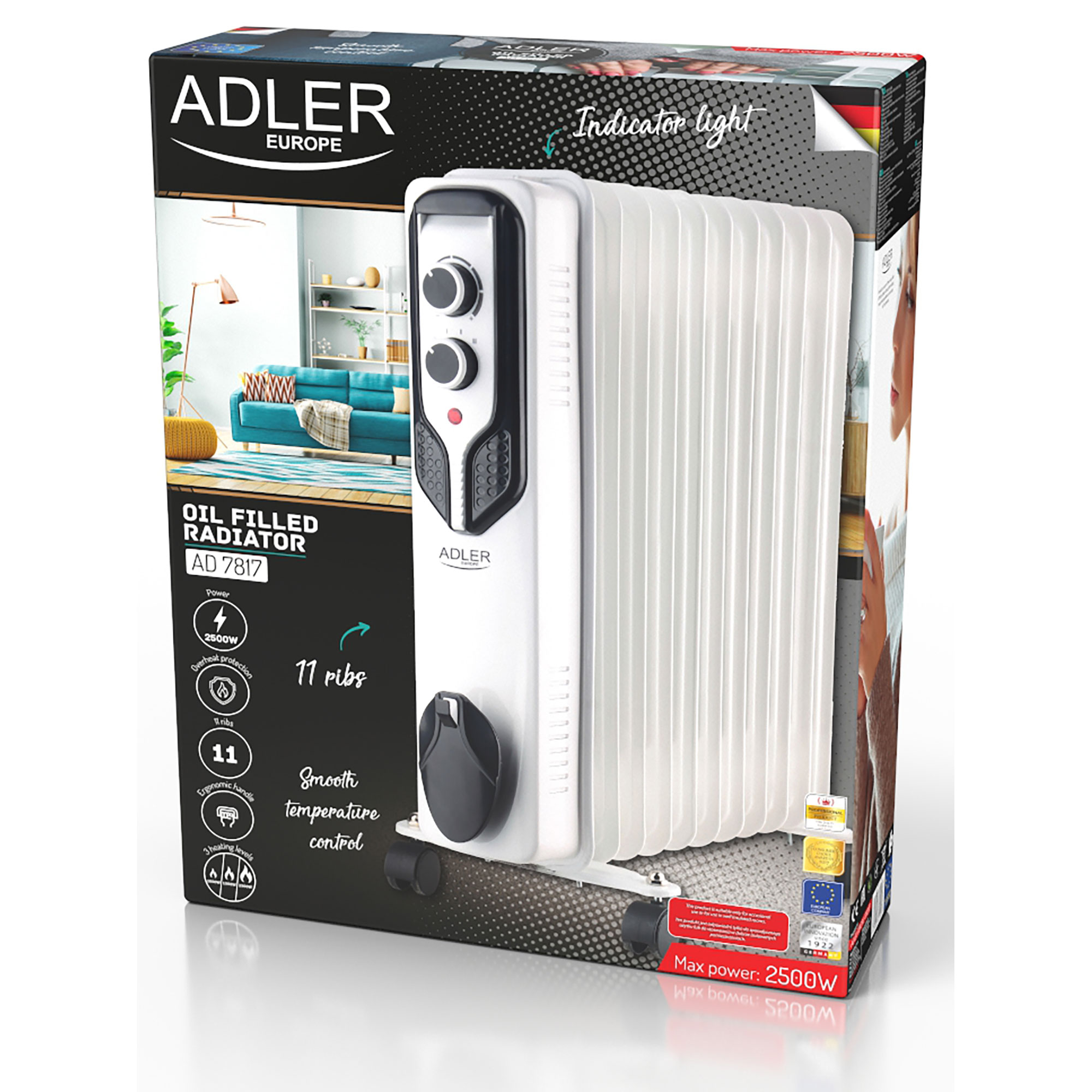 Grzejnik olejowy ADLER w pudełku. Biały korpus i czarny panel sterowania.