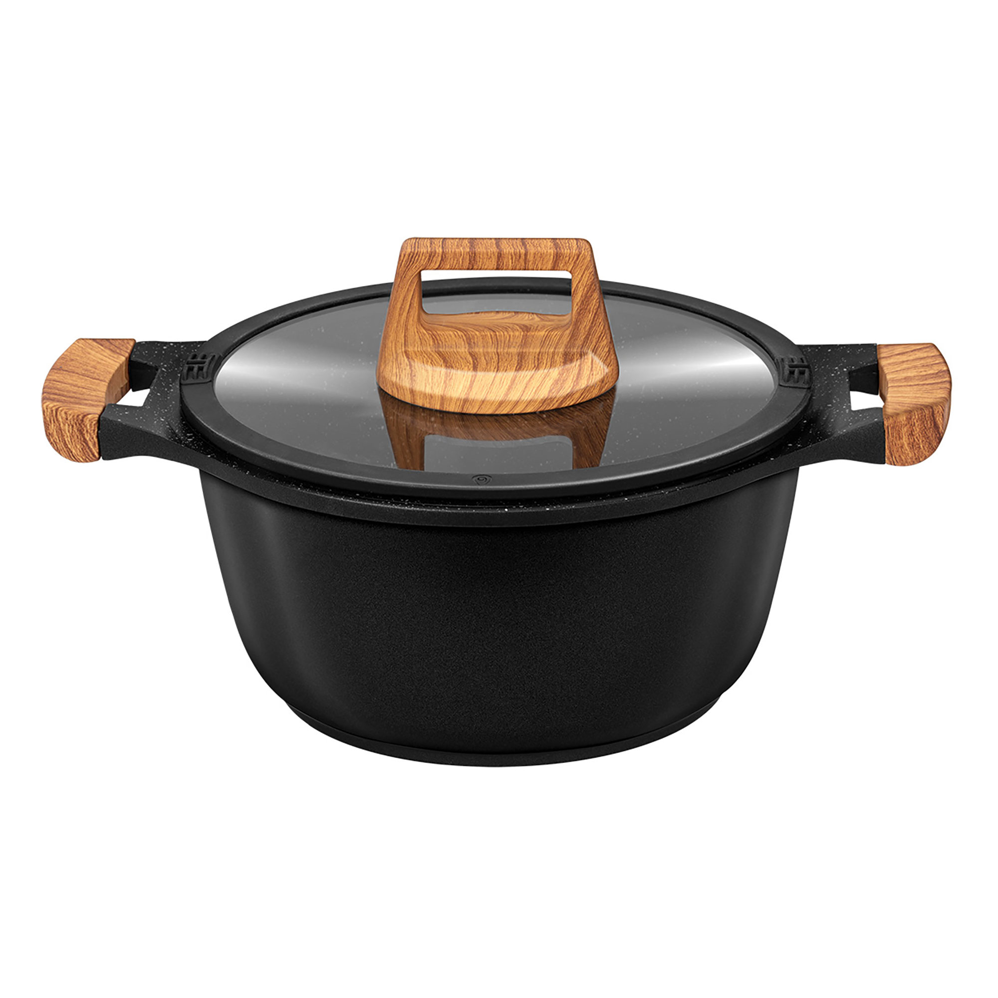 Una olla negra con tapa de cristal y asas de madera se muestra.