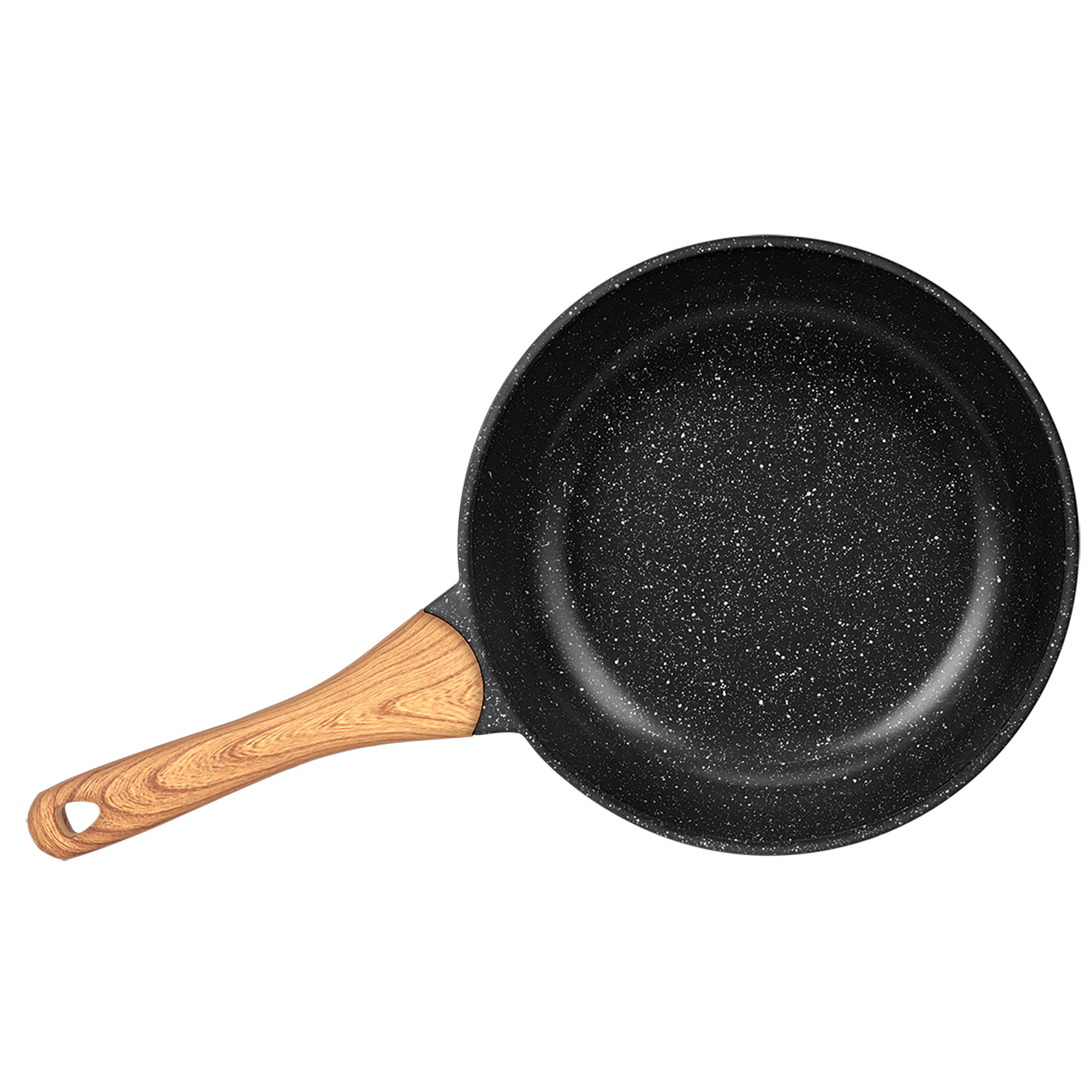 Sartén negra con mango de madera. La sartén tiene un interior moteado.