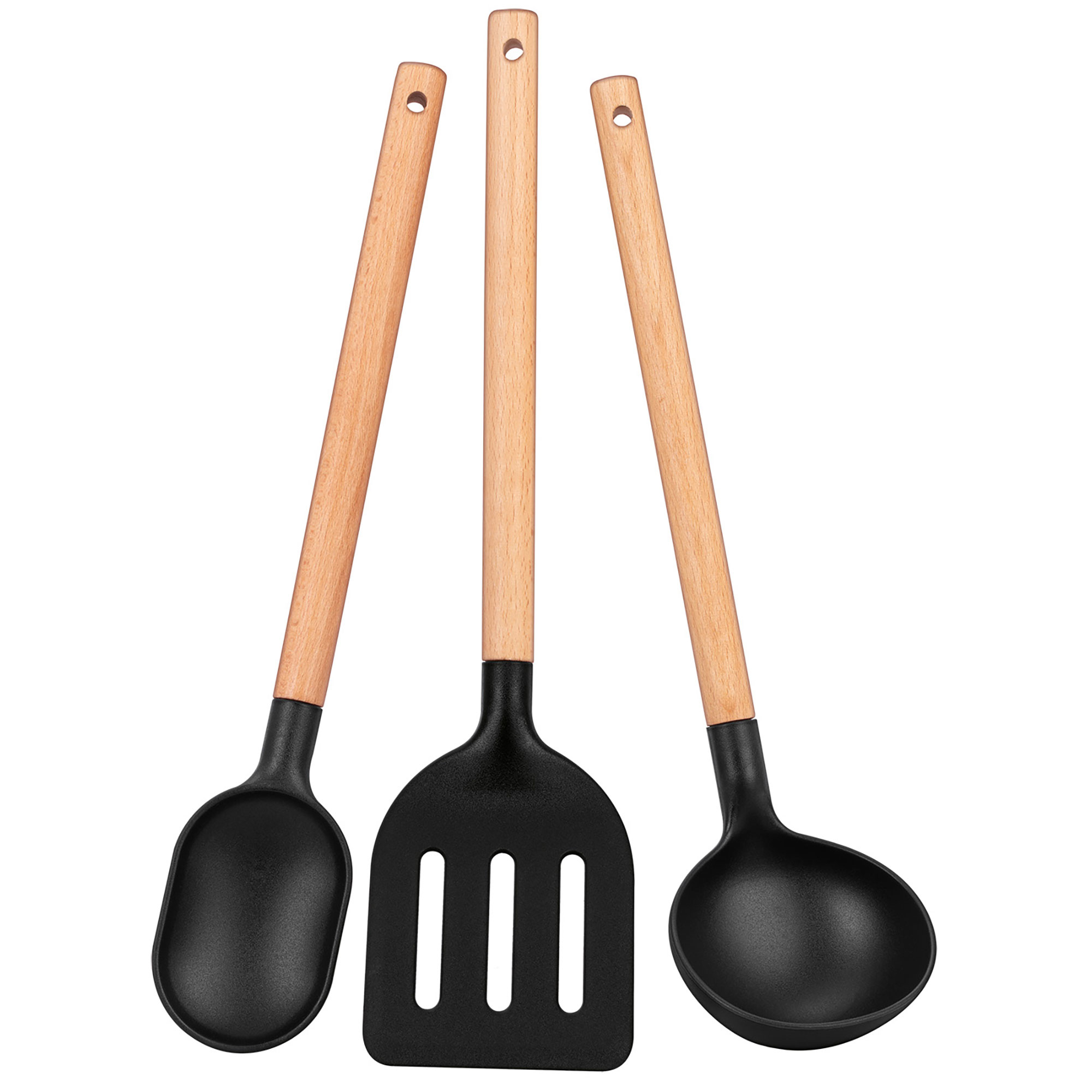 Tres utensilios de cocina negros con mangos de madera: una cuchara, una espátula y un cucharón.