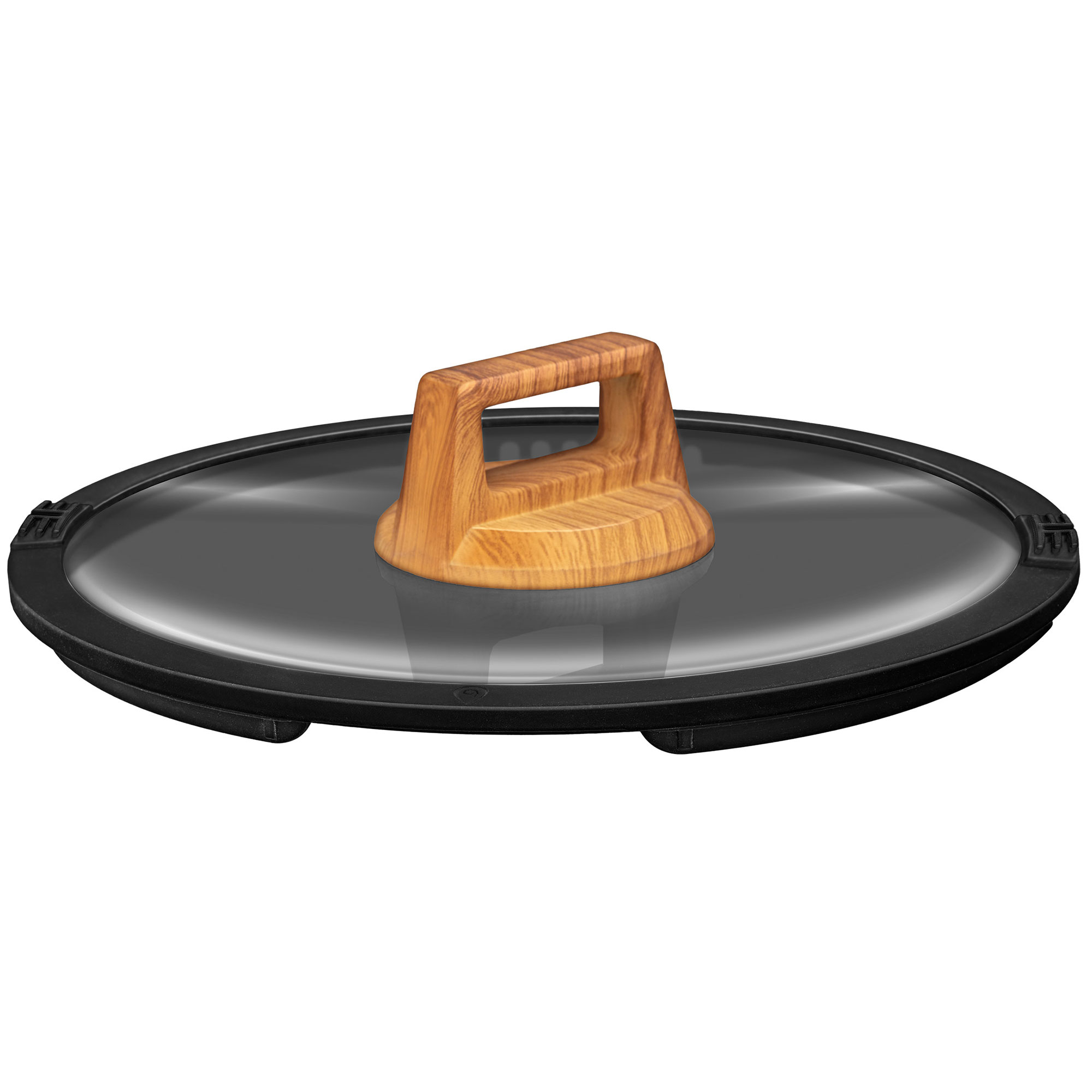 Una tapa de cristal con asa de madera sobre un borde negro, aislada sobre un fondo blanco.