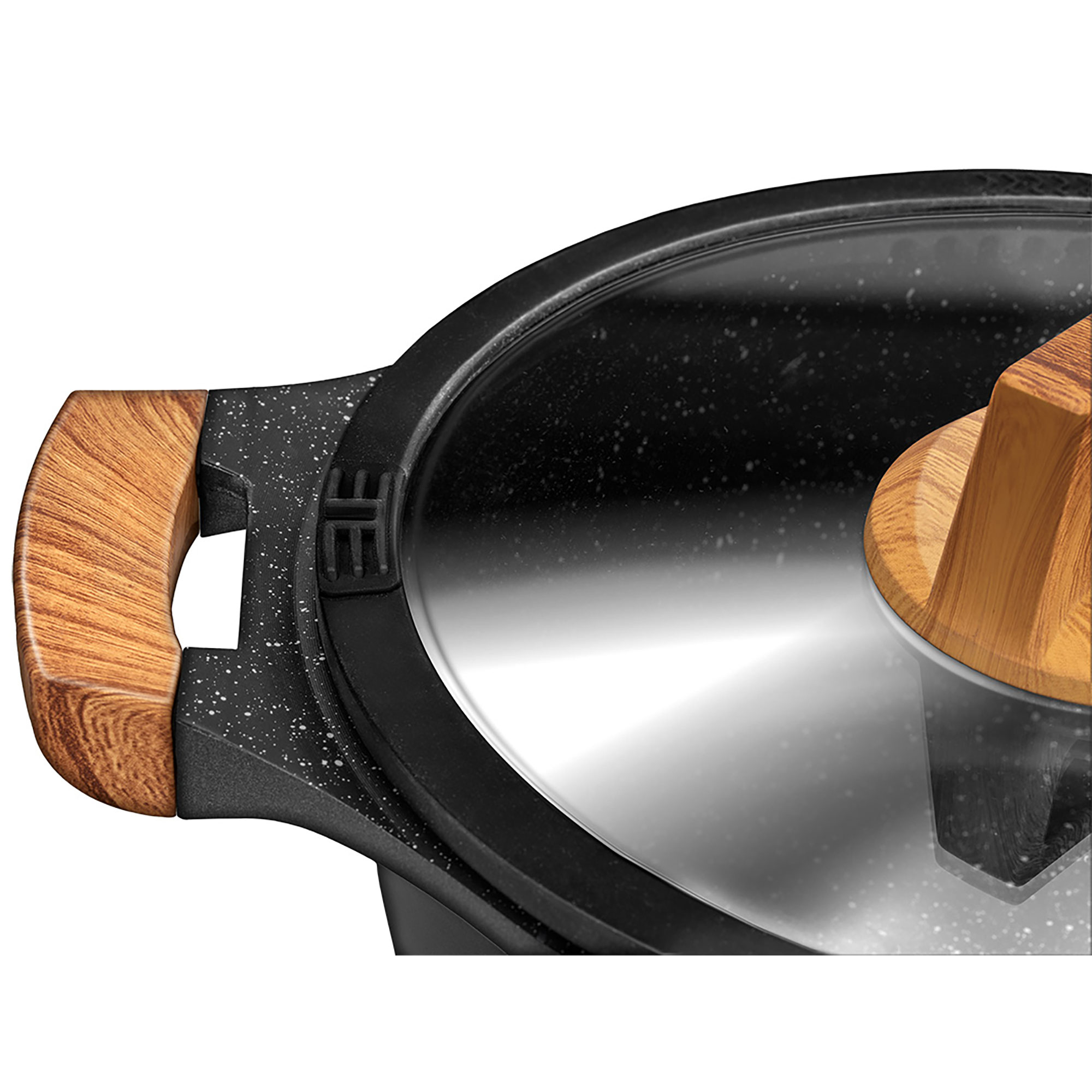 Primer plano de una olla negra con tapa de cristal y asa de madera.