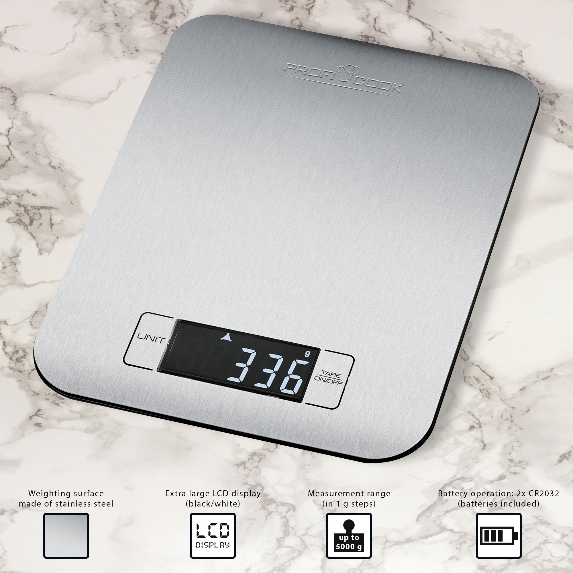 Srebrna waga z cyfrowym wyświetlaczem pokazującym 336g. Ma czarną obwódkę i stoi na marmurze.