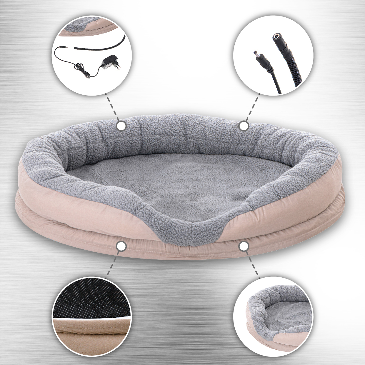 Cama para mascotas con múltiples vistas, mostrando detalles del cojín interior y la construcción.