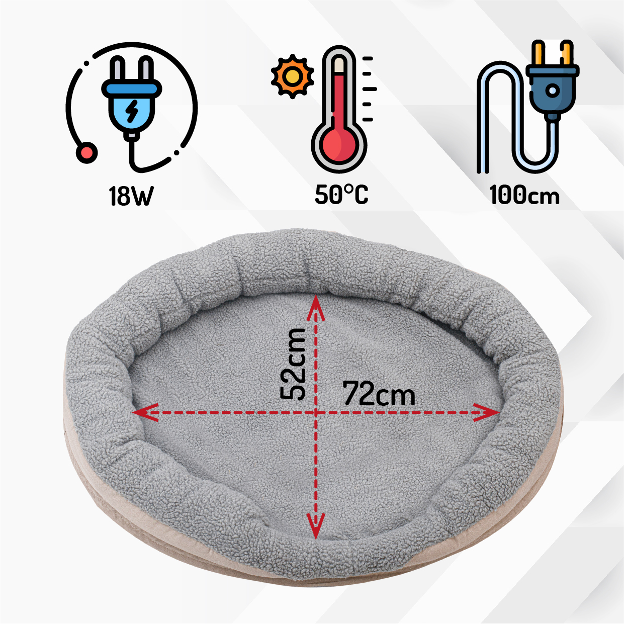 Cama ovalada para mascotas con interior gris y exterior beige. Iconos muestran potencia, temp. y dimensiones.