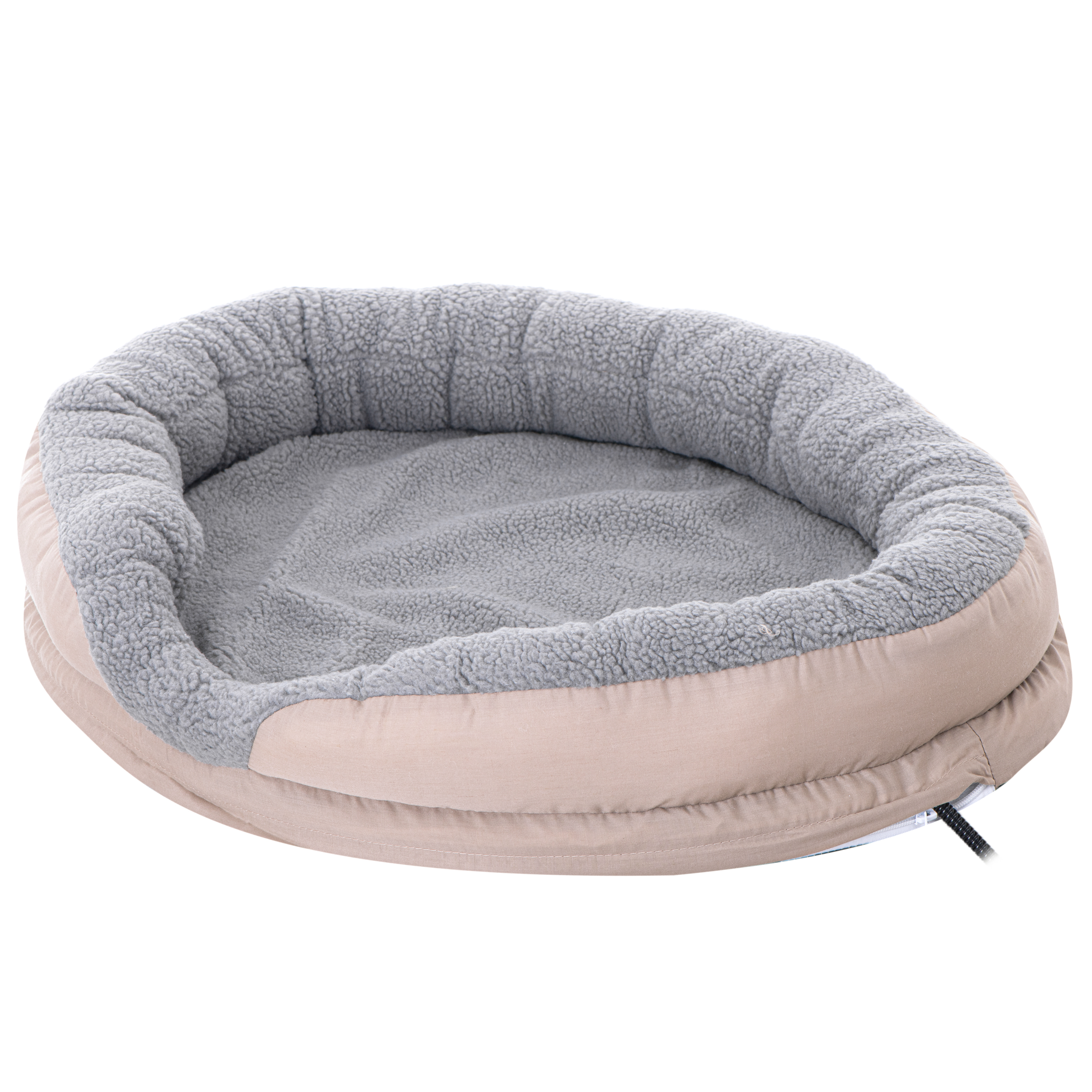 Una cama para perros con exterior beige e interior gris y mullido. Es ovalada y tiene un cordón negro.