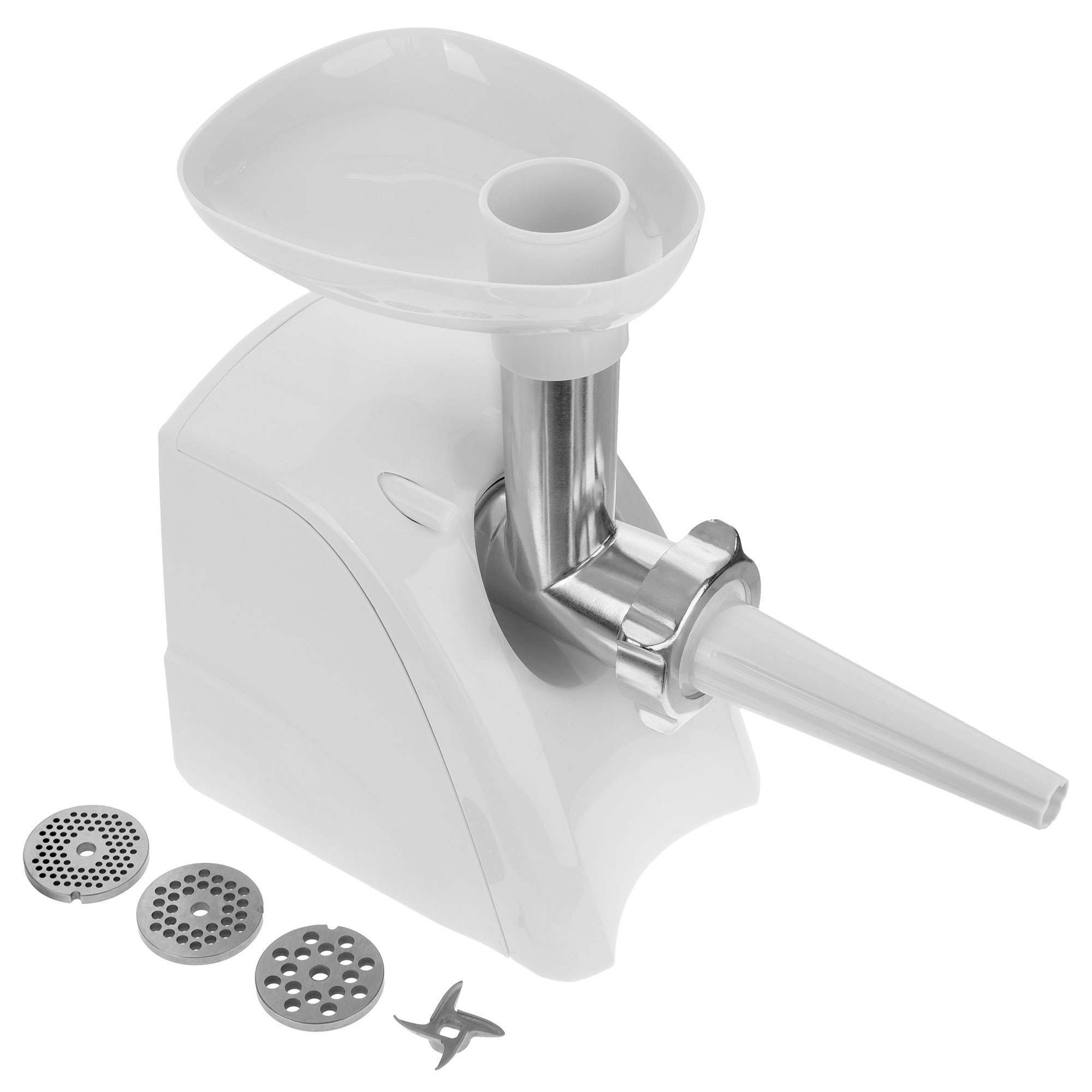 Biała maszynka do mięsa z trzema płytami tnącymi i nożem, na białym tle.