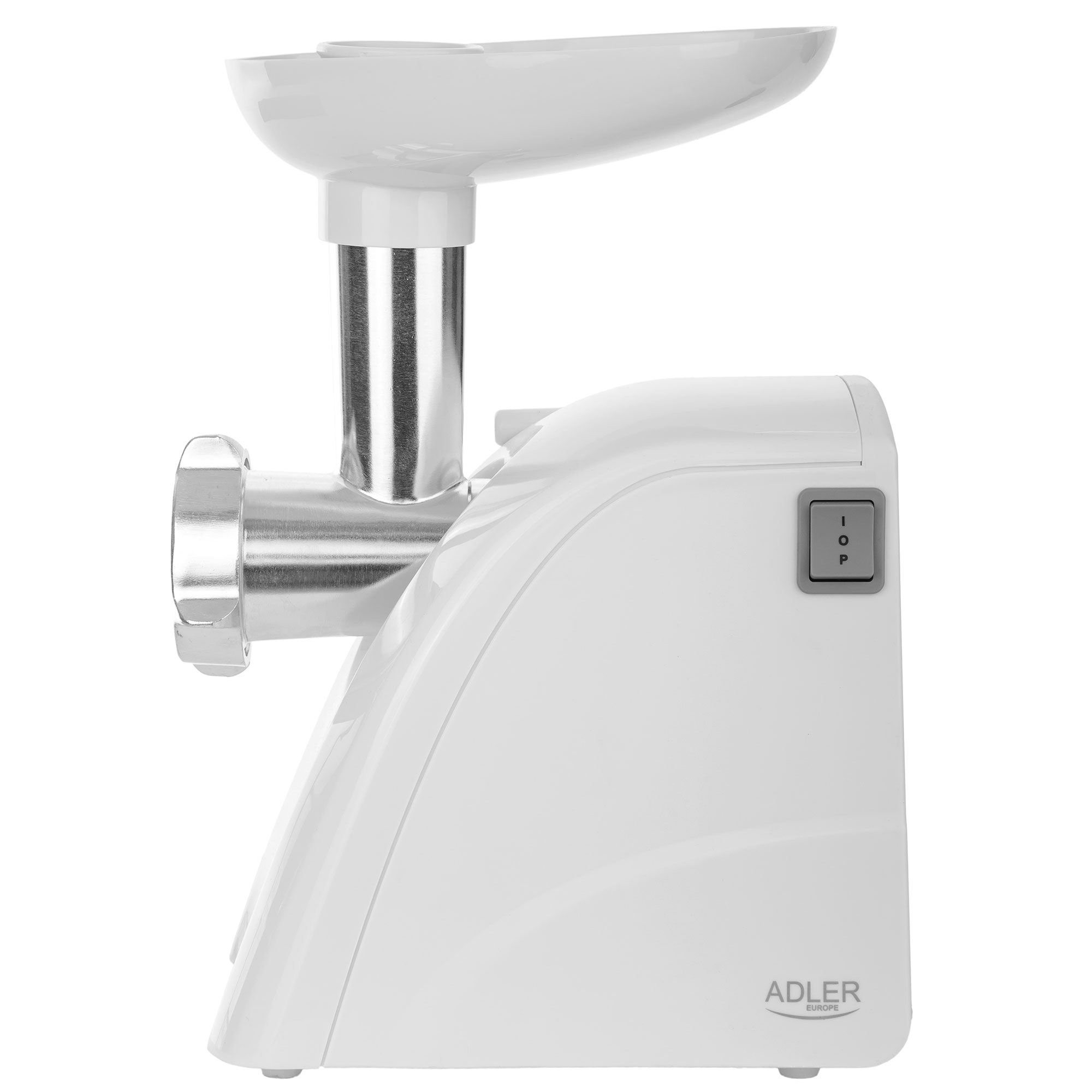 Biała maszynka do mięsa. Srebrne części, biały korpus, czarny włącznik.