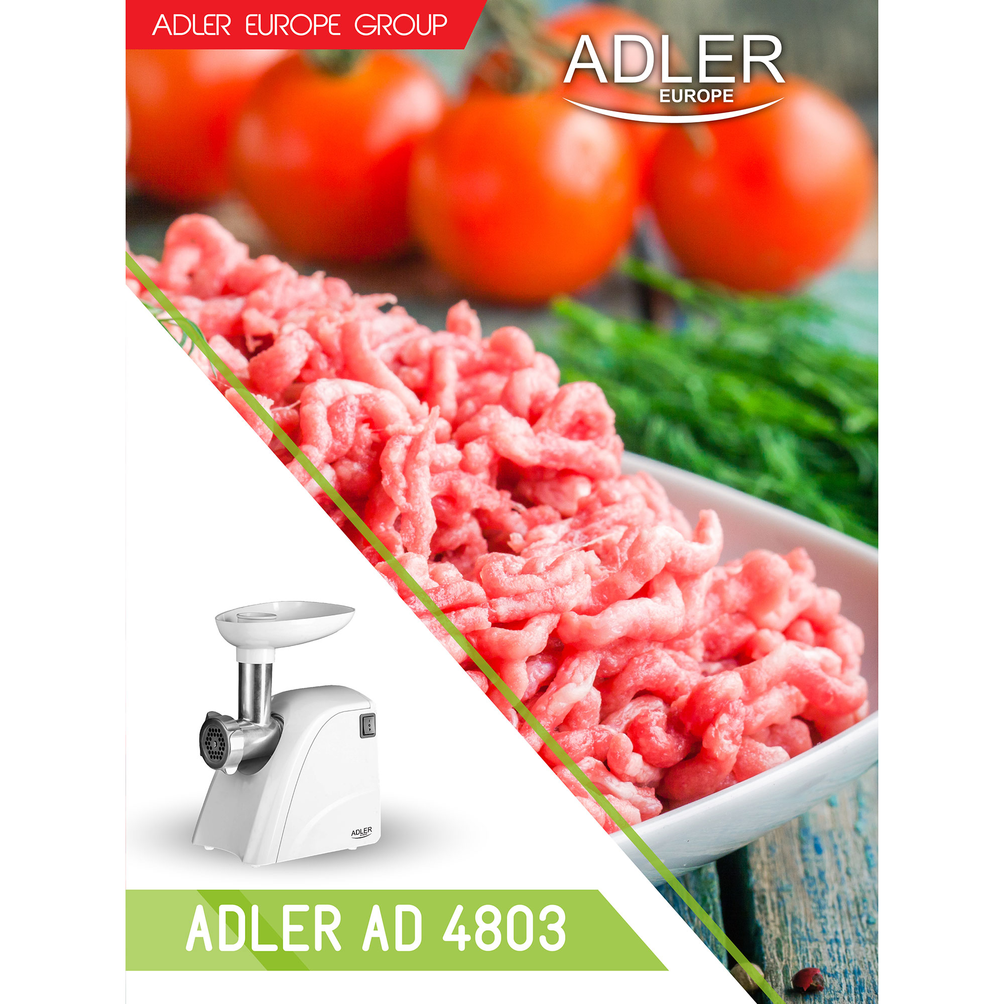 Surowe mielone mięso w misce, z maszynką do mięsa i pomidorami w tle.