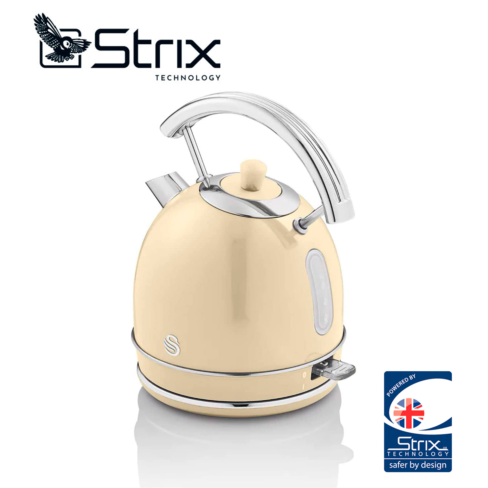 Cremefarbene Swan-Teekanne mit silbernem Griff und Boden sowie dem Strix-Logo.
