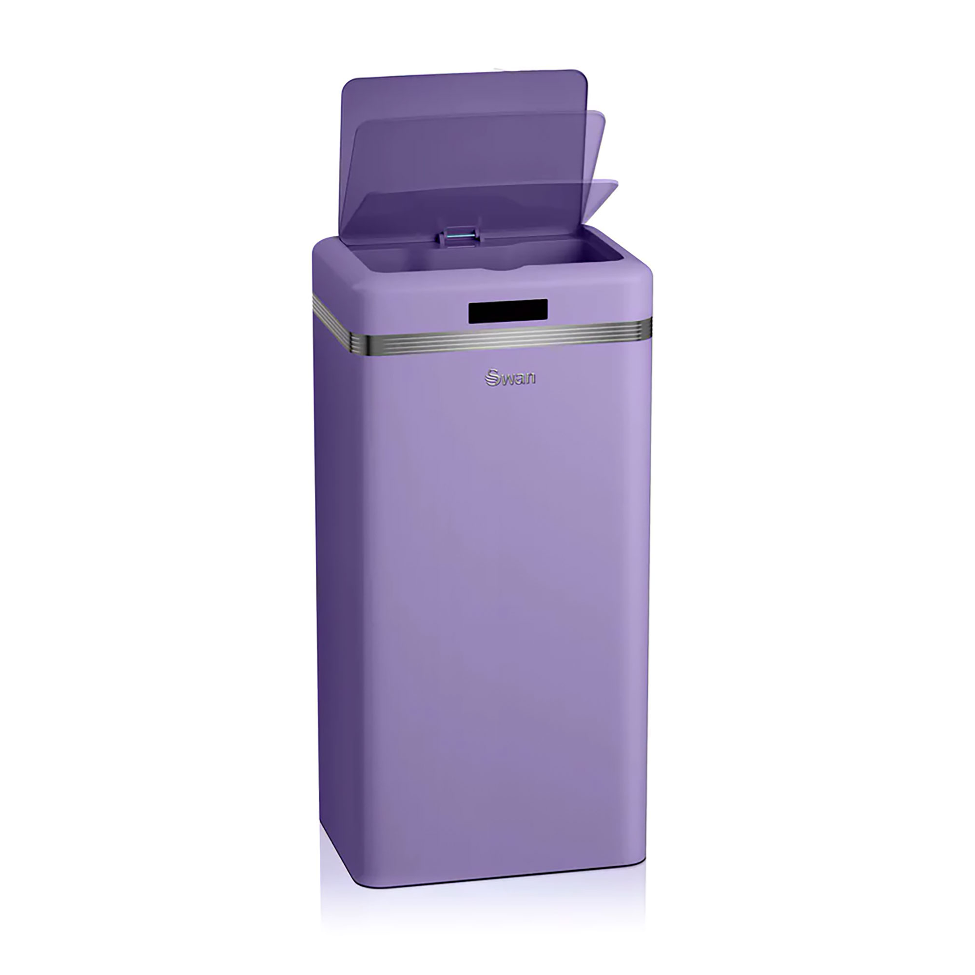 Contenedor de basura morado con tapa abierta. Forma rectangular. Ribete plateado. Fondo blanco.