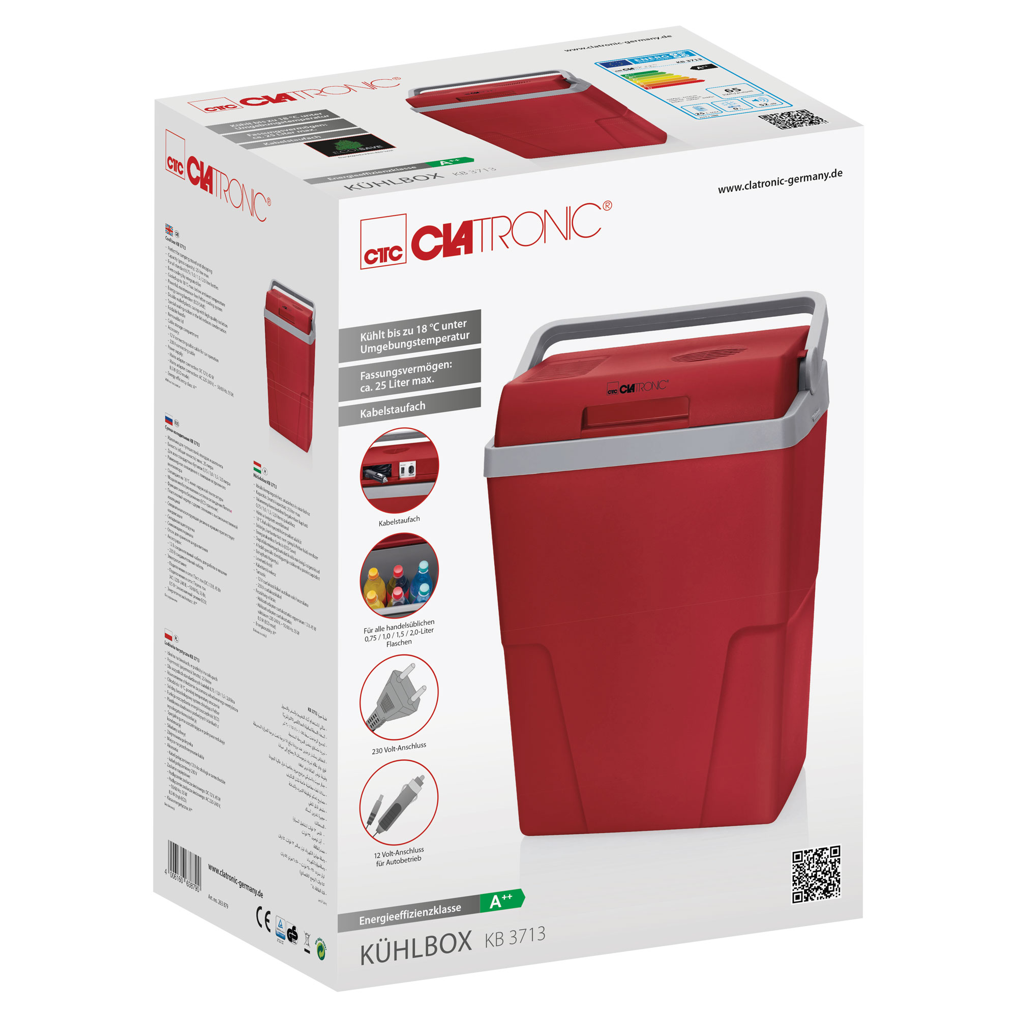 Czerwona chłodziarka z pudełkiem. Pudełko zawiera zdjęcia chłodziarki, specyfikacje i markę.