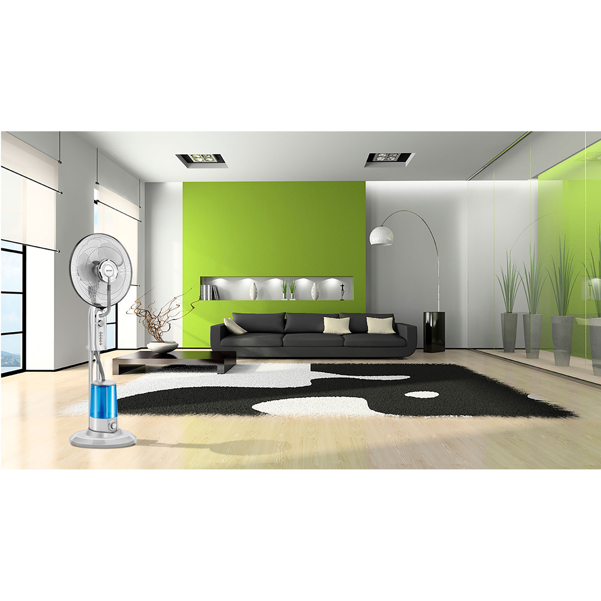 Salón con ventilador, sofá negro, pared verde y alfombra blanca, bien iluminado.