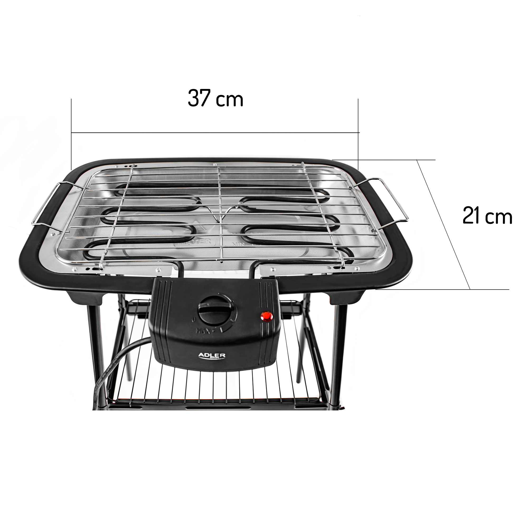 Elektrischer Grill mit Maßen auf weißem Hintergrund. Draufsicht.