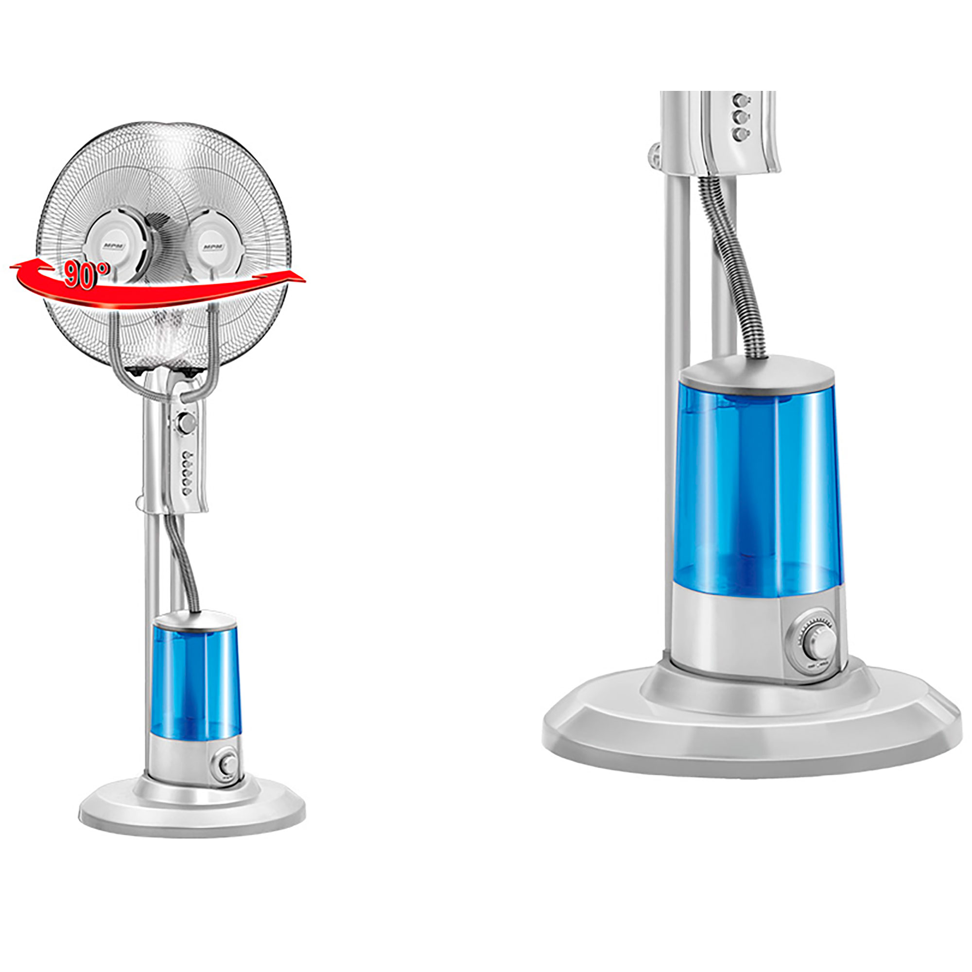 Un ventilador con un recipiente de agua, que muestra la capacidad de girar 90 grados.