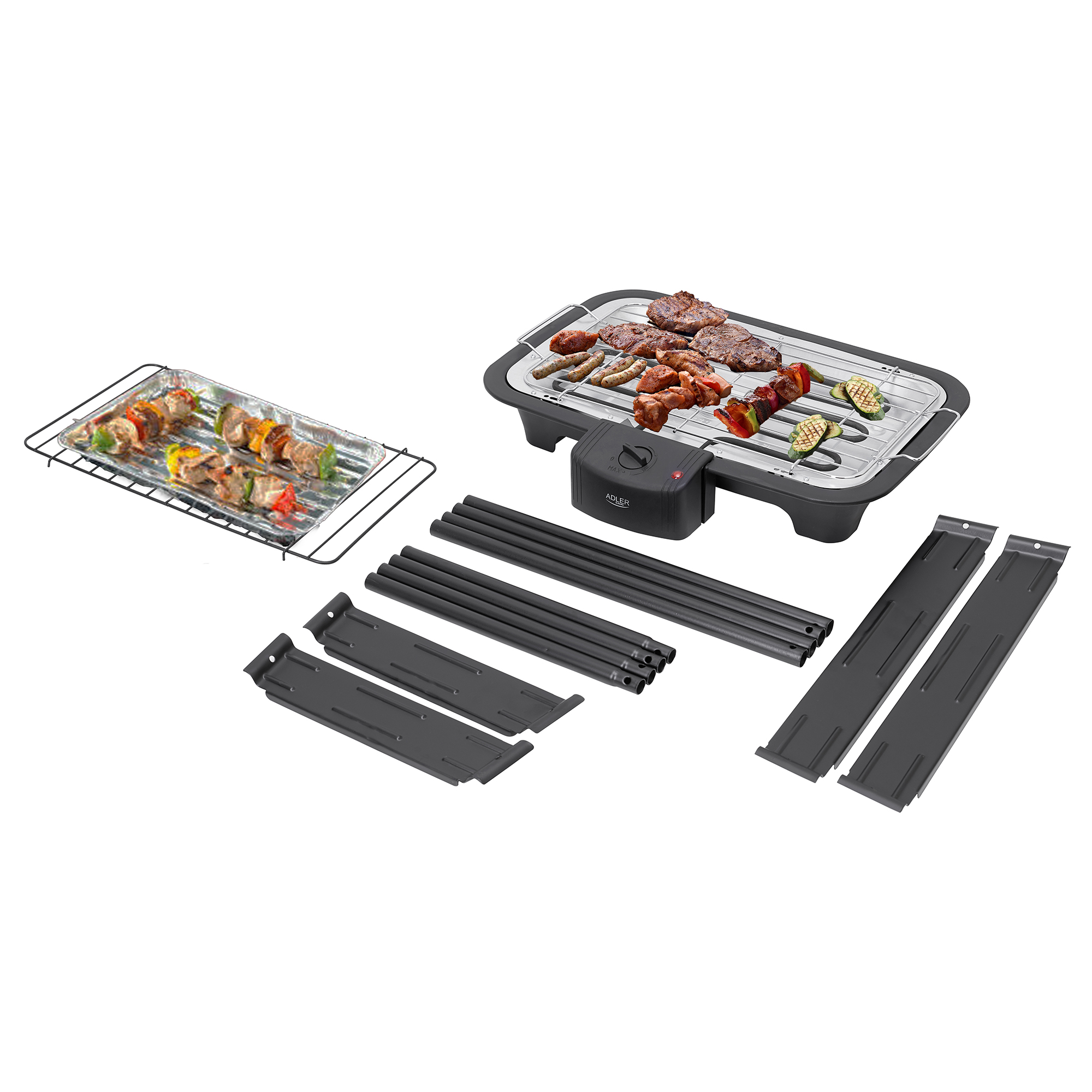 Ein Grill mit Essen darauf, plus Komponenten zum Aufbau.