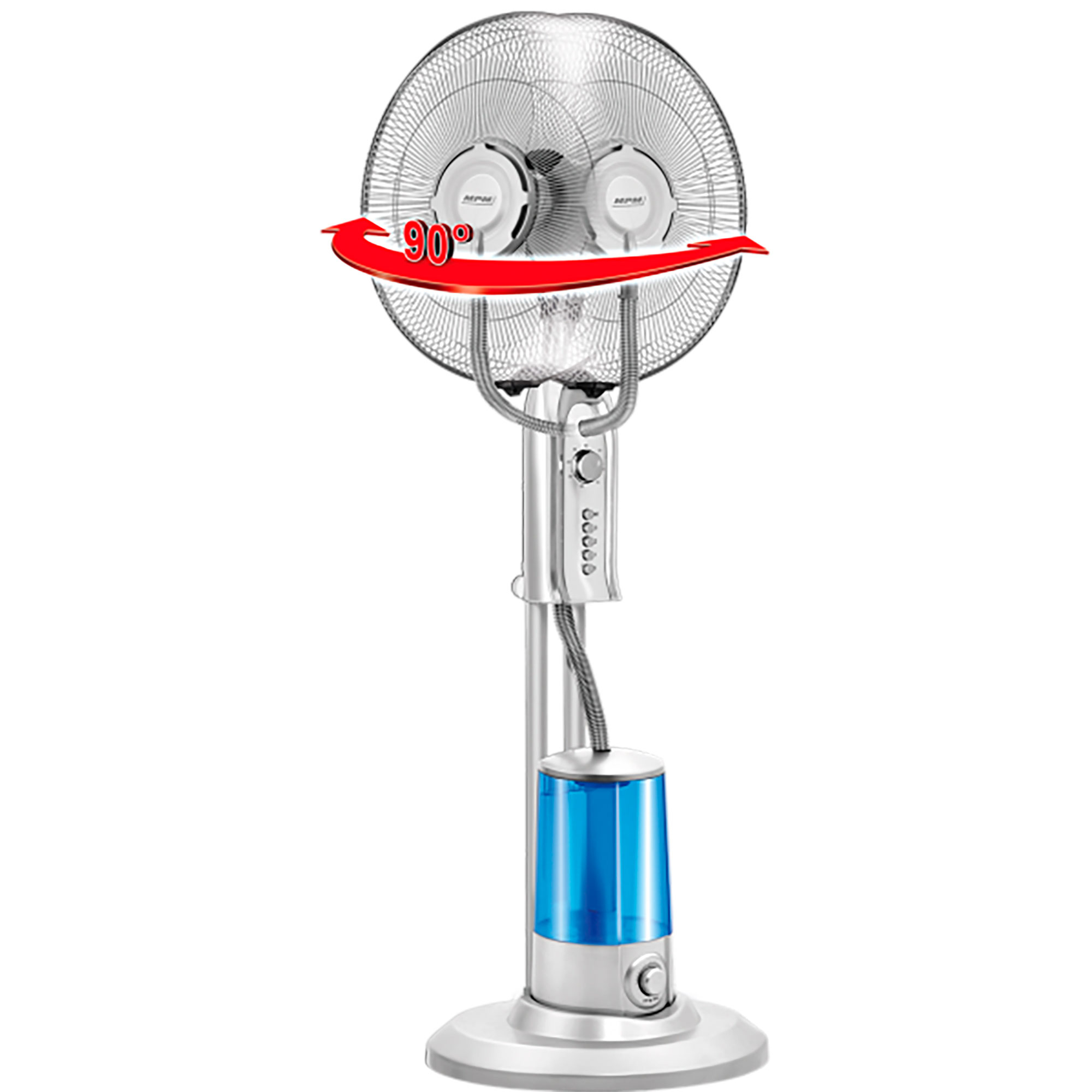 Ventilador de pie plateado y azul con un indicador de rotación de 90 grados, flecha roja.