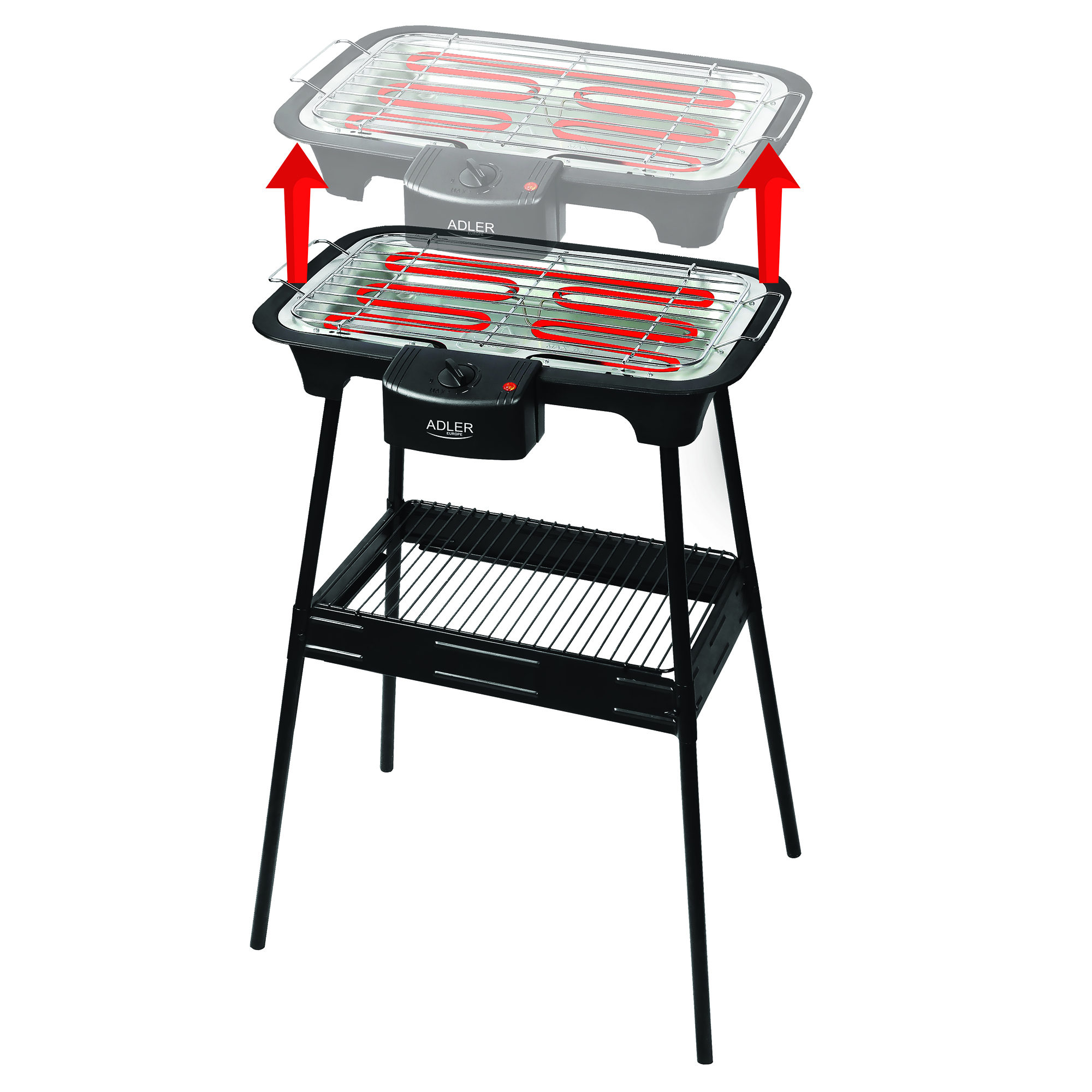 Schwarzer Elektrogrill, rote Heizelemente, auf einem Ständer, weißer Hintergrund.