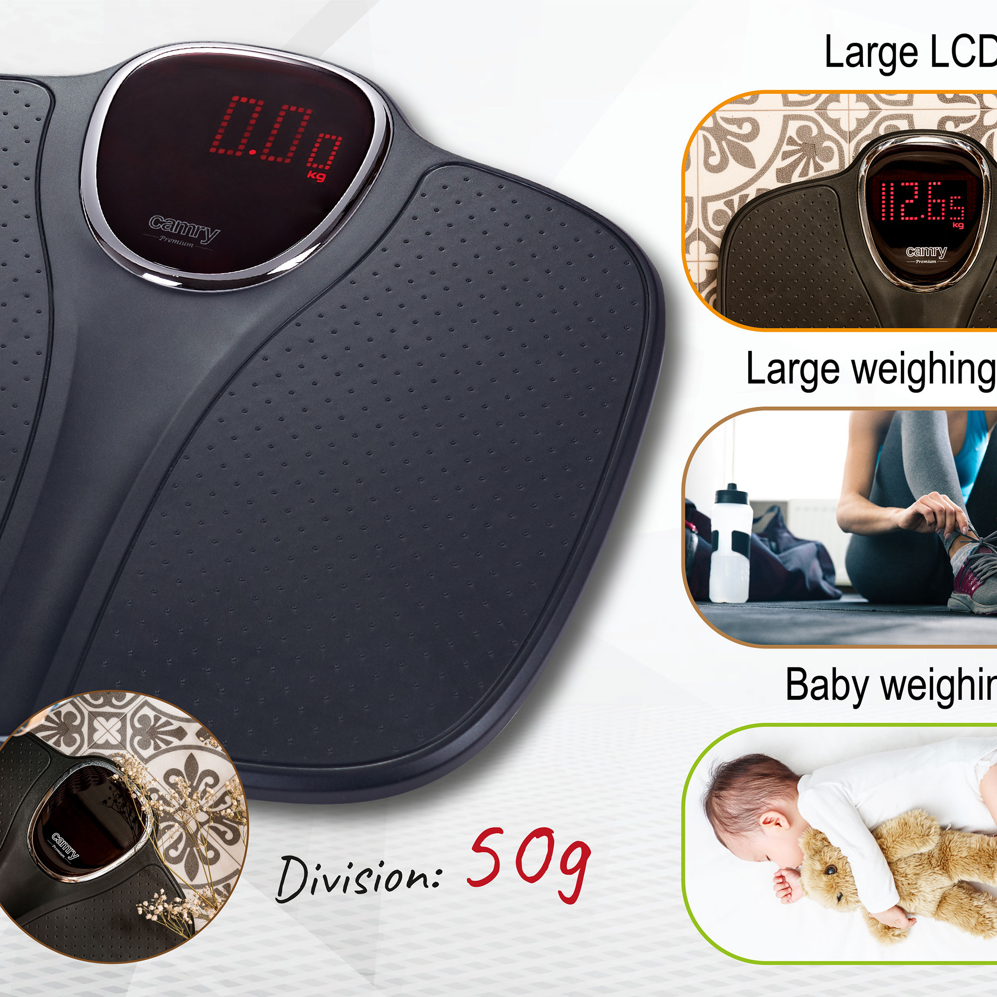 Schwarze Digitalwaage mit großem LCD-Display. Zeigt auch Baby und Gewichtsdetails.