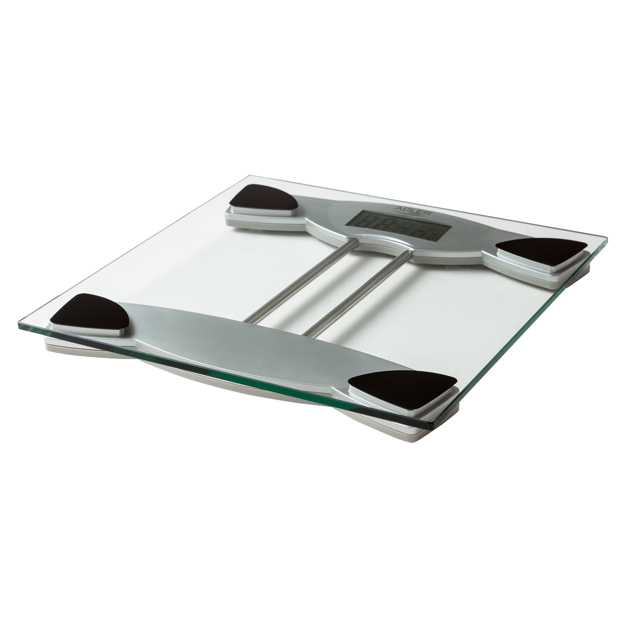 Báscula de baño de vidrio con pantalla digital. Marco plateado con almohadillas negras.
