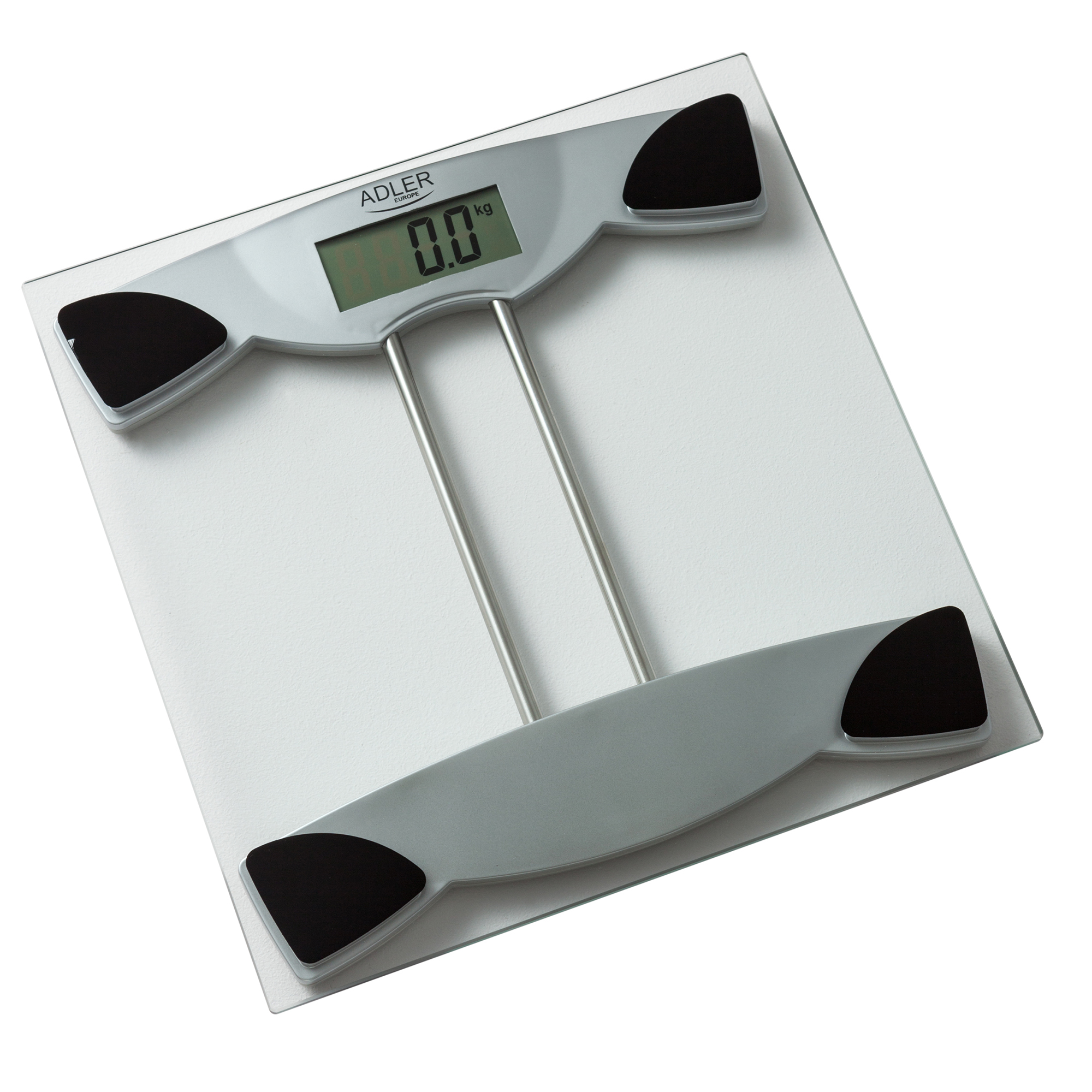 Báscula digital con diseño gris y blanco. La pantalla muestra '0.0' kg. Cuenta con cuatro pies negros y redondeados.