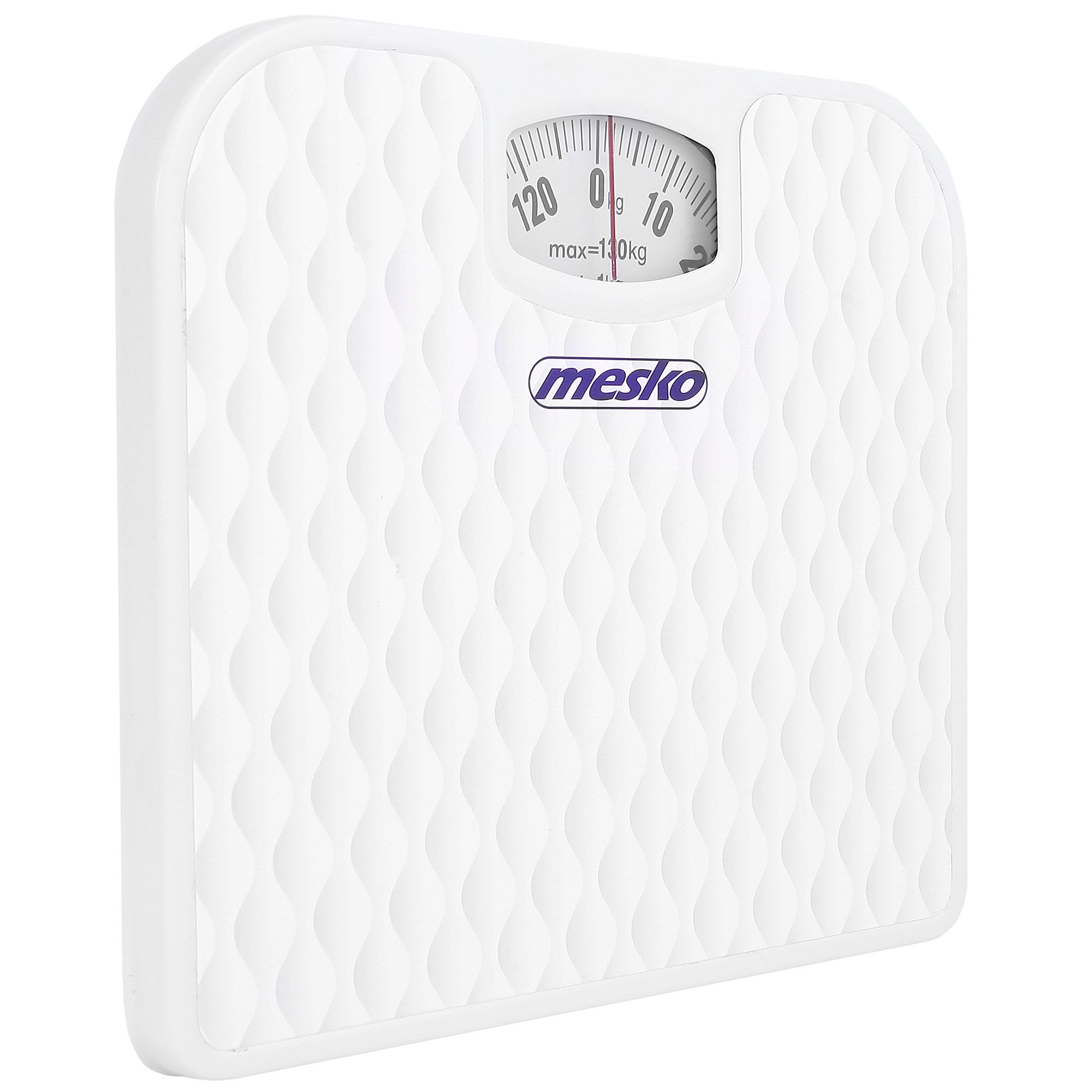 Báscula de baño blanca con superficie texturizada. Logo mesko y dial de peso.