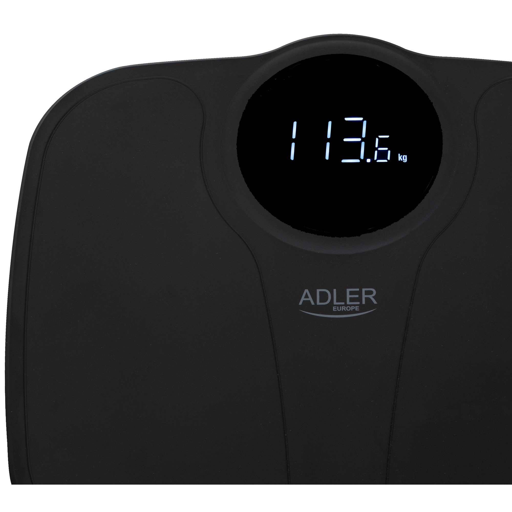 Schwarze digitale Badezimmerwaage mit 113,6 kg. Sie hat das Adler Europe Logo.