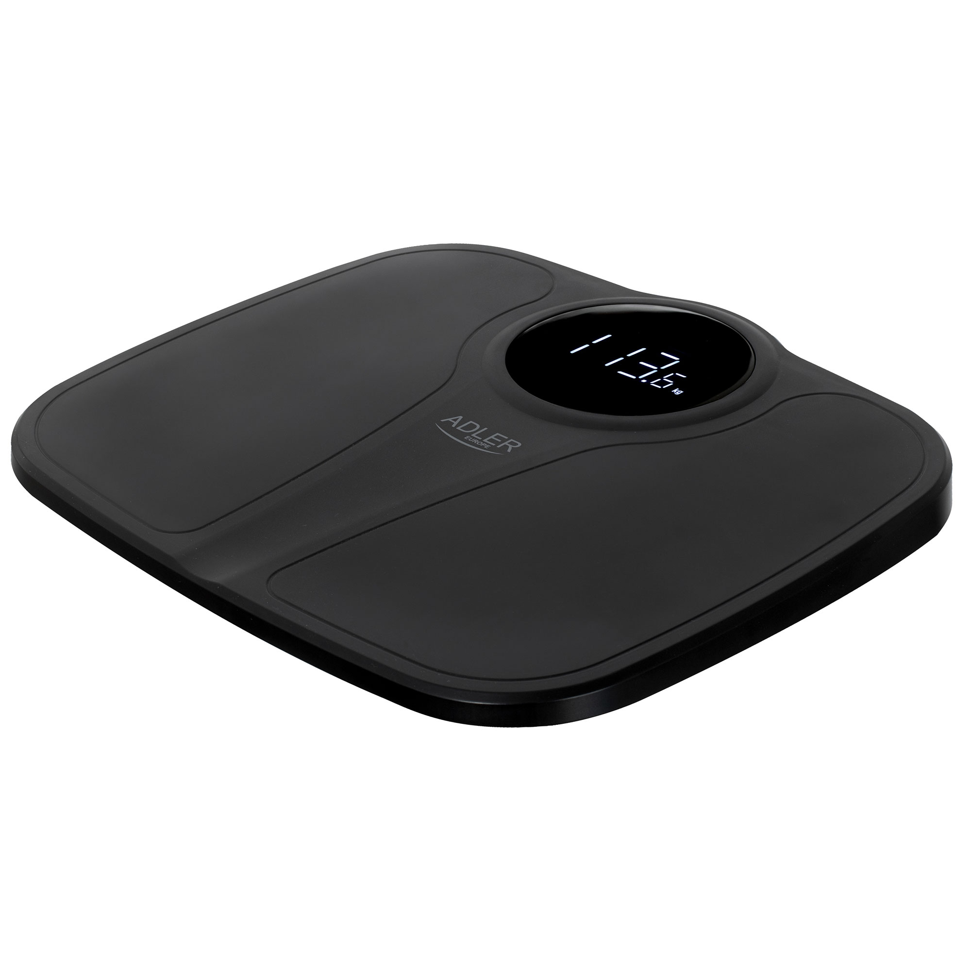 Schwarze Digitalwaage zeigt 113,6 kg an. Markenname ist Adler.
