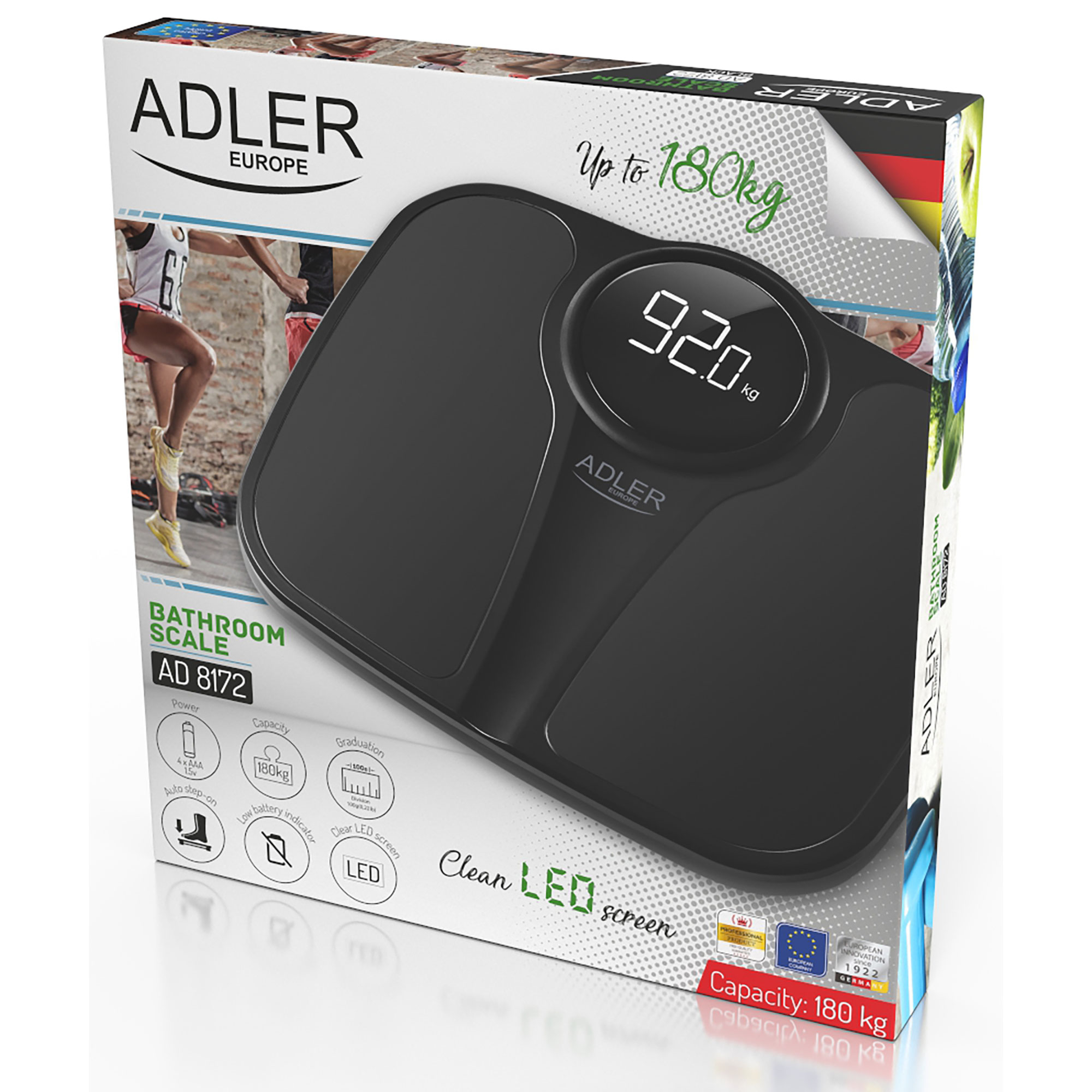 Schwarze Badezimmerwaage mit Digitalanzeige, die 92,0 kg anzeigt.