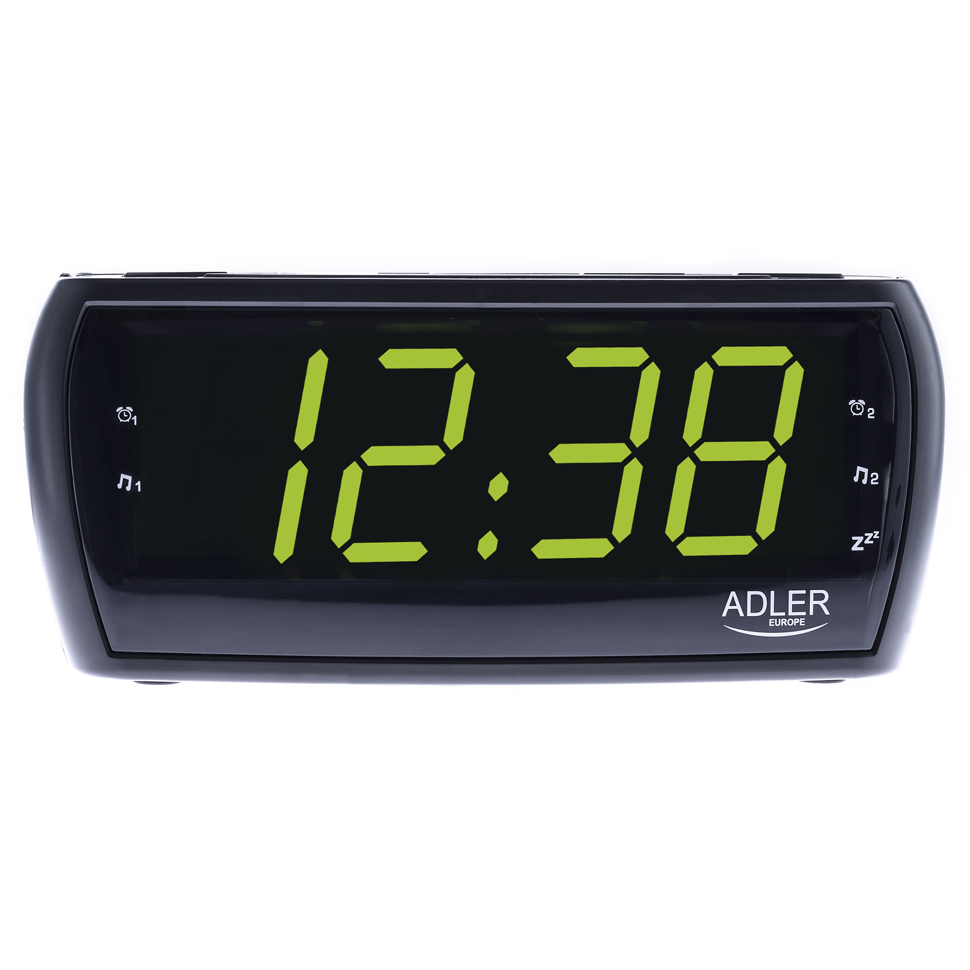 Reloj despertador digital negro con números verdes que muestran 12:38. La marca es Adler Europe.