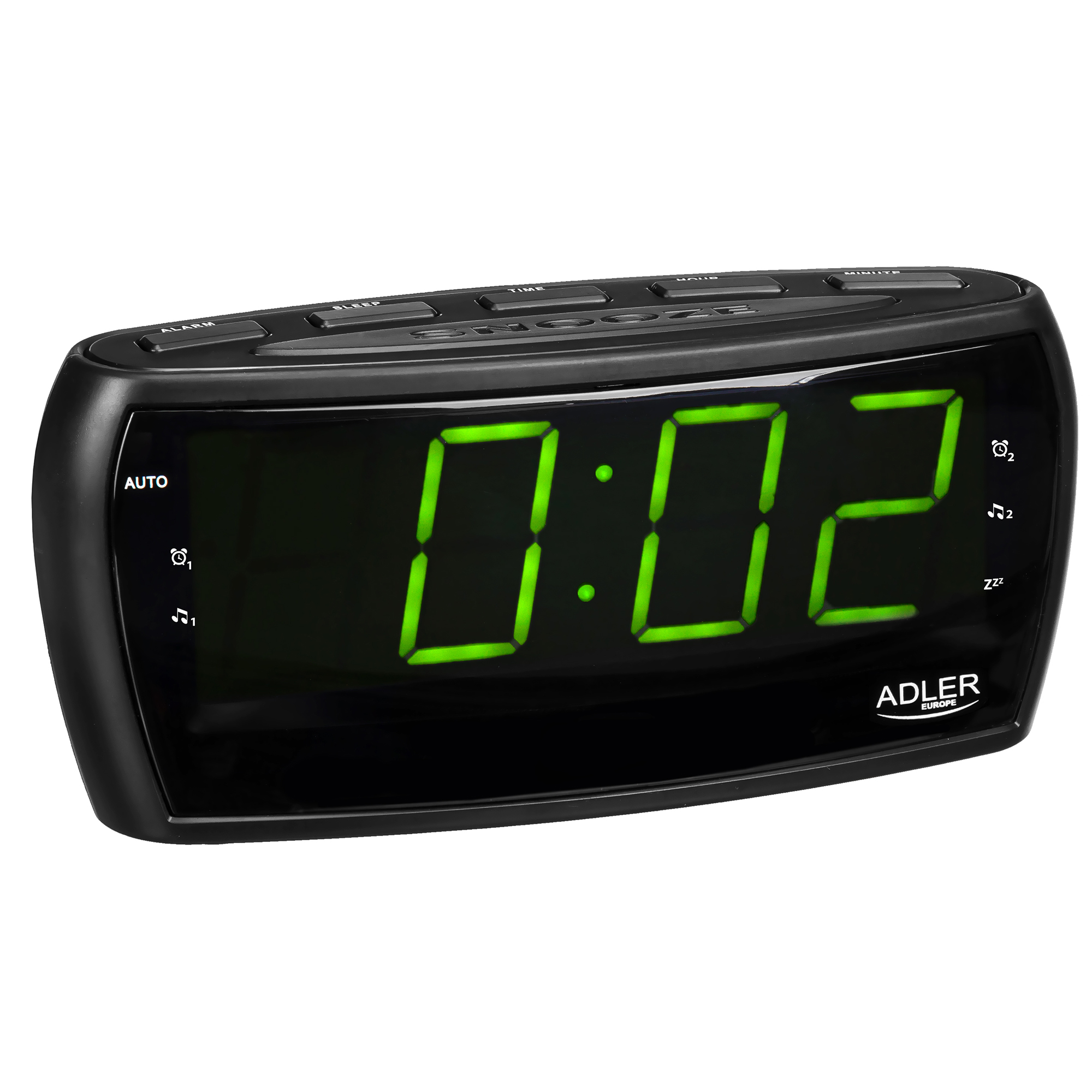 Despertador digital negro. Dígitos verdes muestran 0:02. Botones negros y un marco negro.