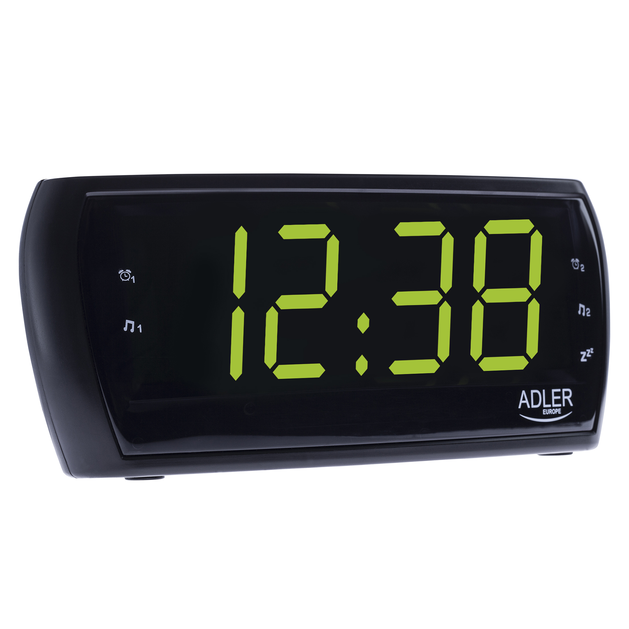 Reloj despertador digital negro con pantalla verde que muestra 12:38 e iconos.