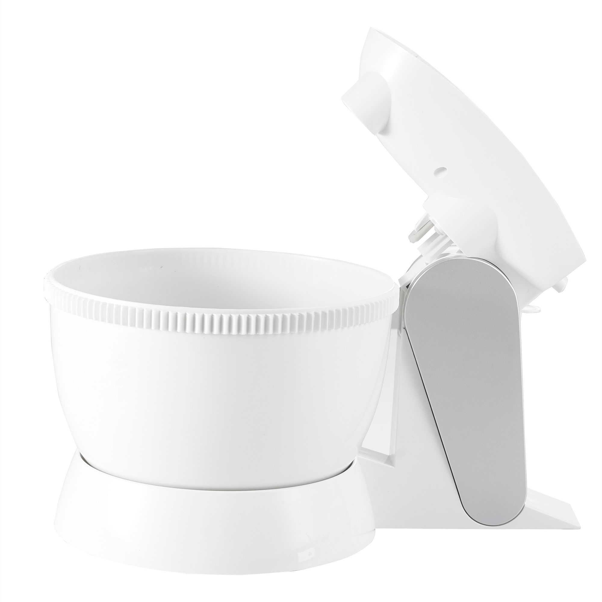 Biały mikser z misą i otwartą pokrywą. Szare ramię miksera. Białe tło.